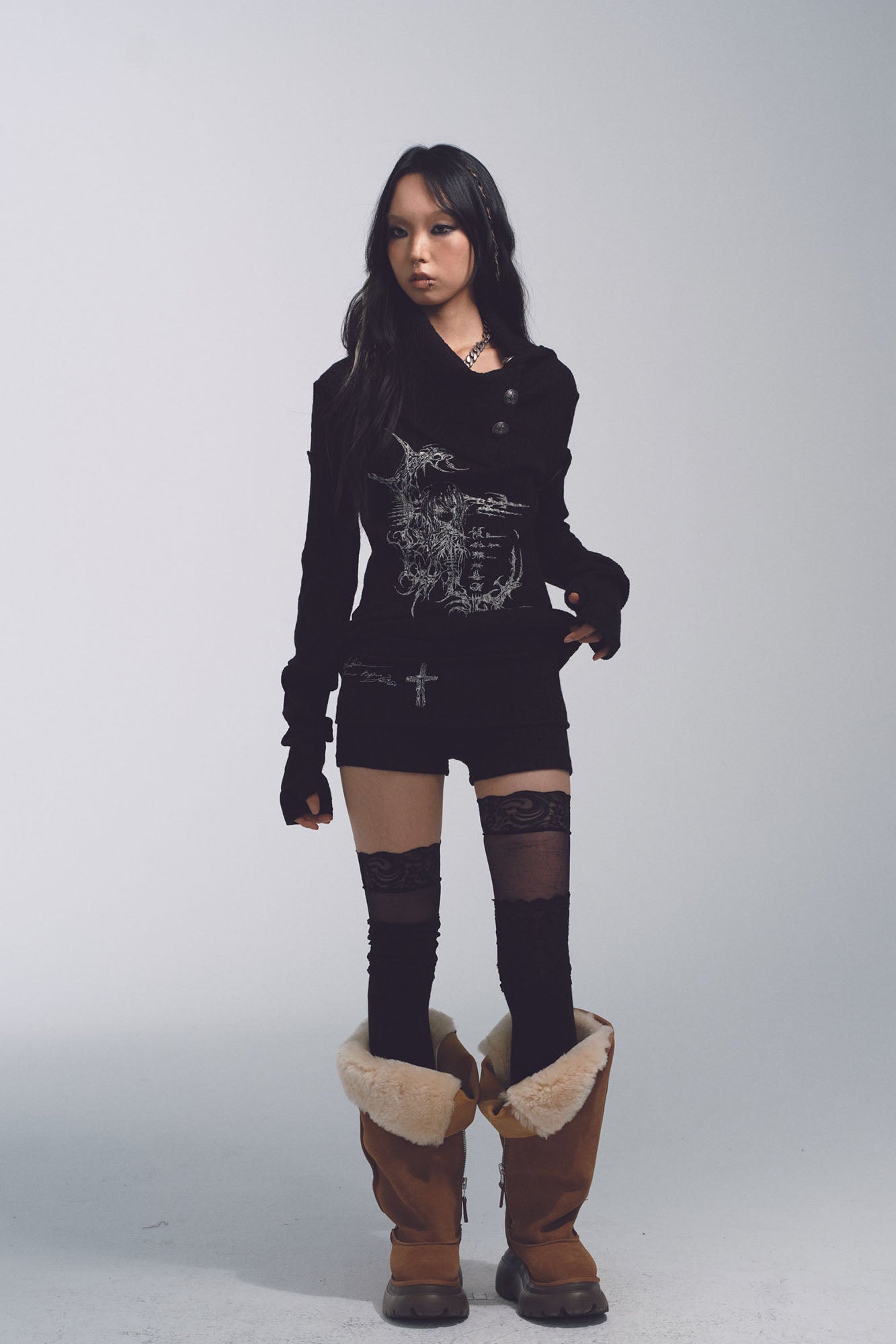 NONAME SPACE Deconstructed Funnel-Neck Cable Knit Sweater