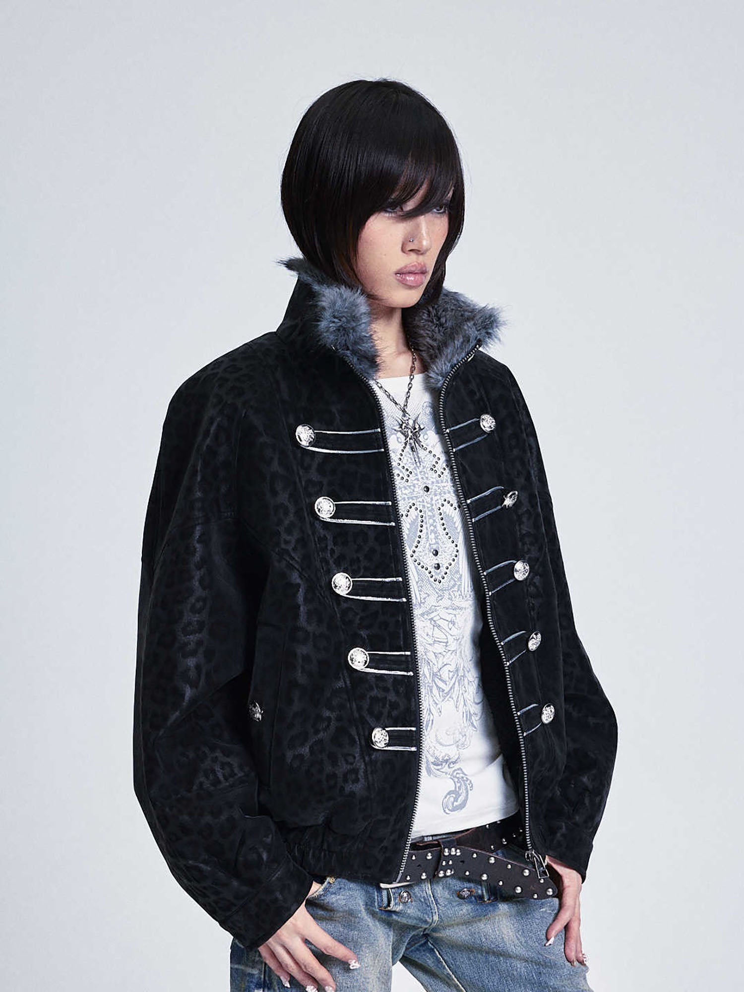 NONAME SPACE Retro Leopard Cross Patch Jacket