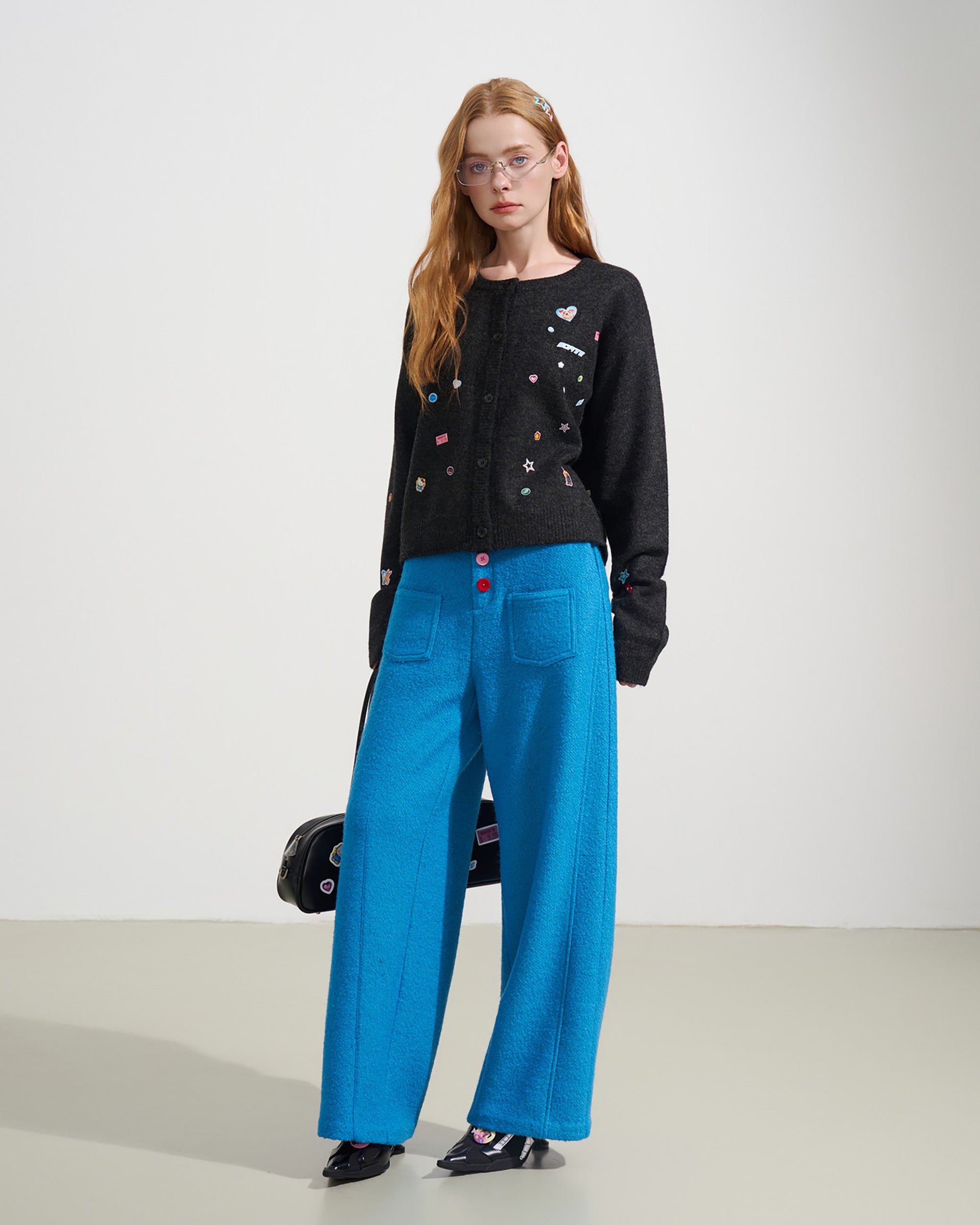 SOFITTE Wool-Blend Color Button Wide-Leg Pants