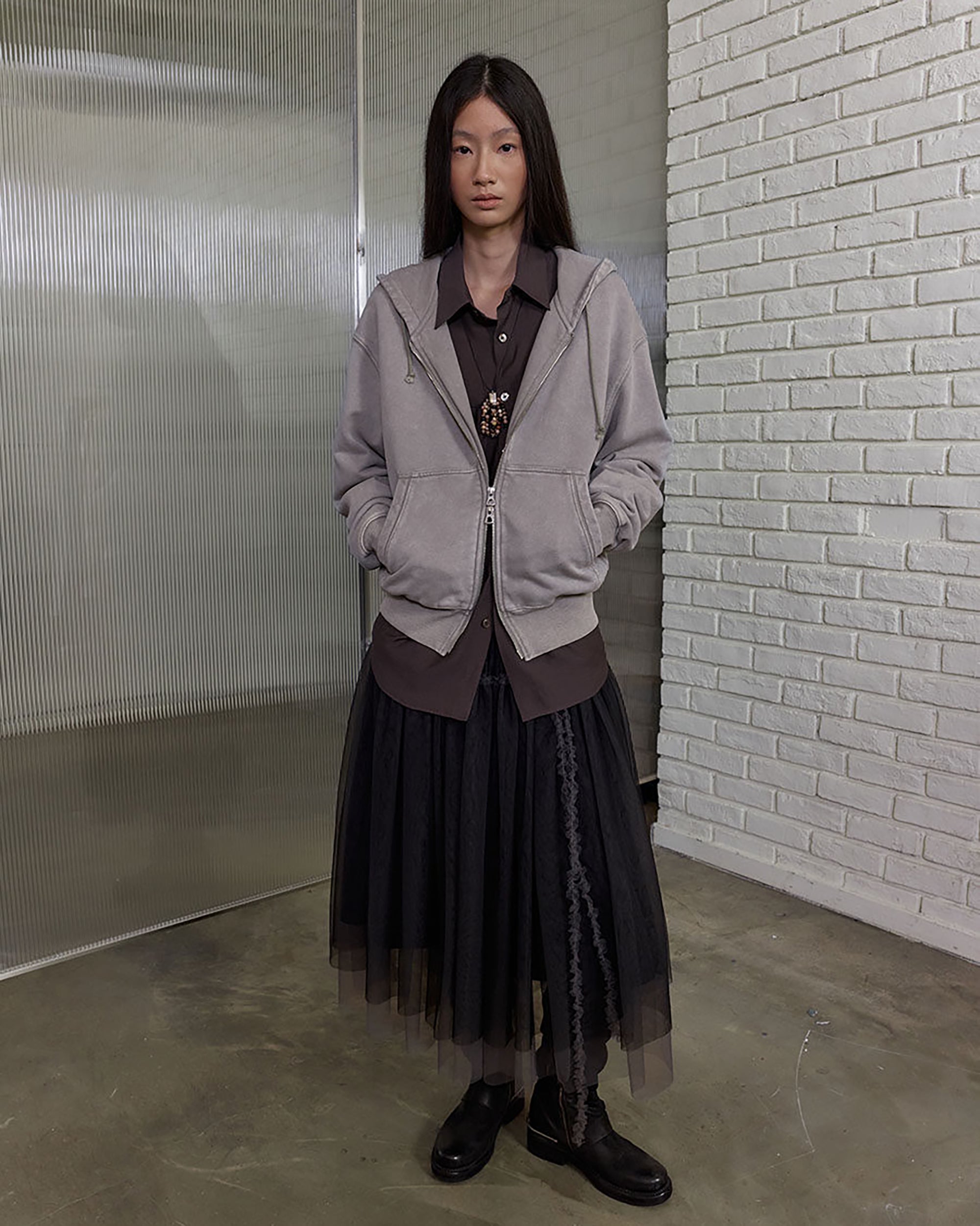 NEVERSEEZ Layered Sheer Mesh Pleated Midi Skirt