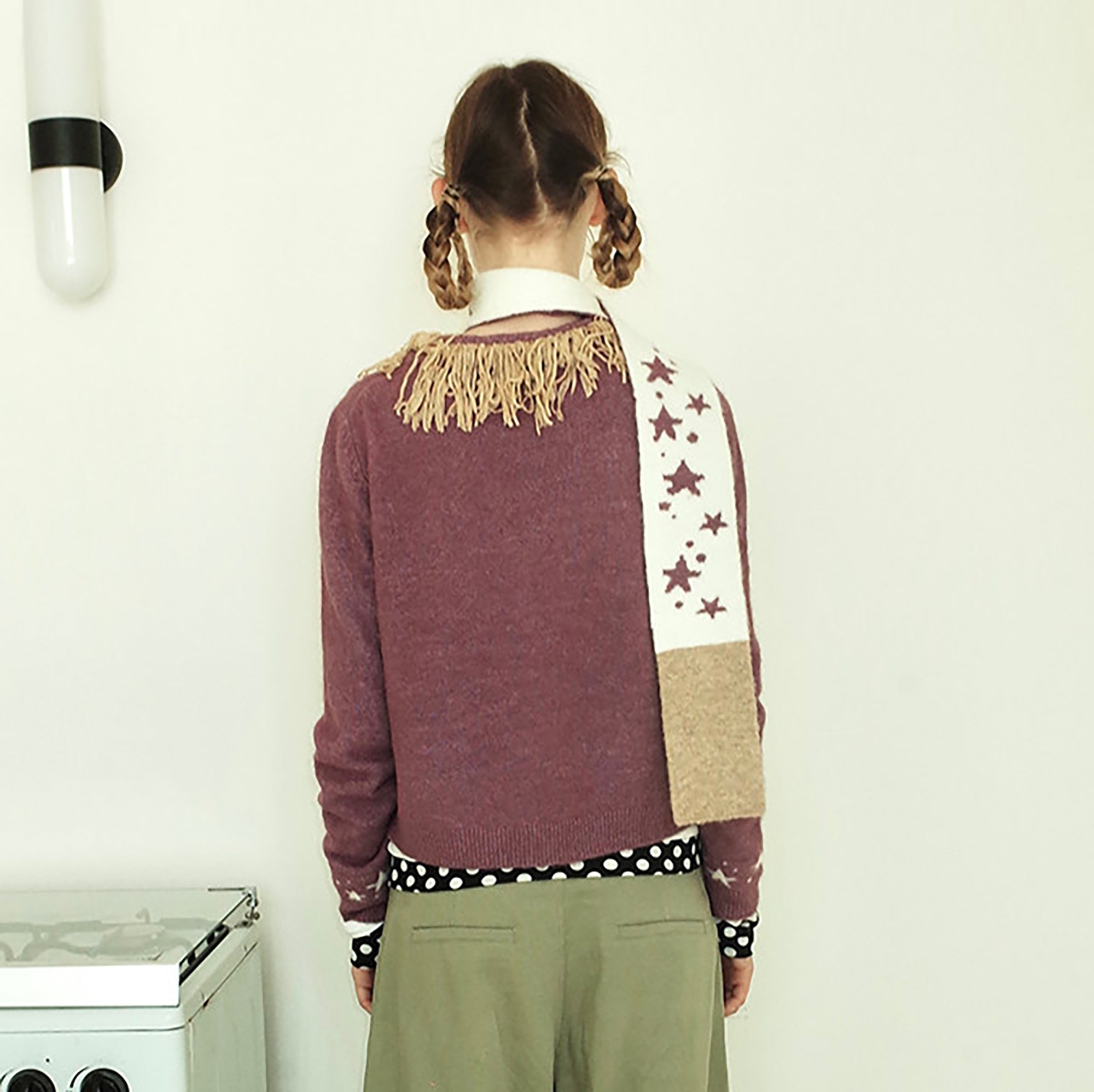 UNSOCIAL NIGHT Fringed Collar Star Jacquard Knit Cardigan