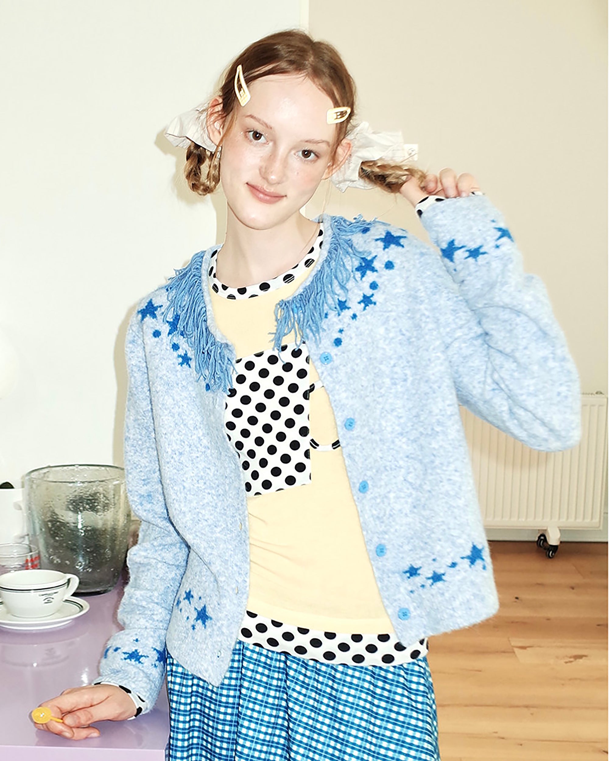 UNSOCIAL NIGHT Fringed Collar Star Jacquard Knit Cardigan