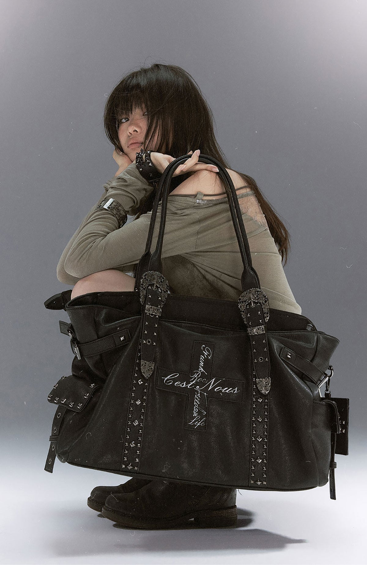CESTNOUS Studded Faux Leather Oversized Crossbody Bag