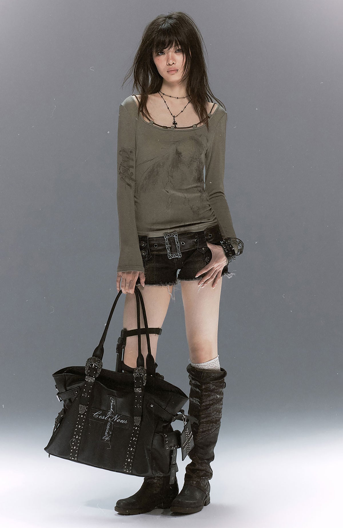 CESTNOUS Studded Faux Leather Oversized Crossbody Bag
