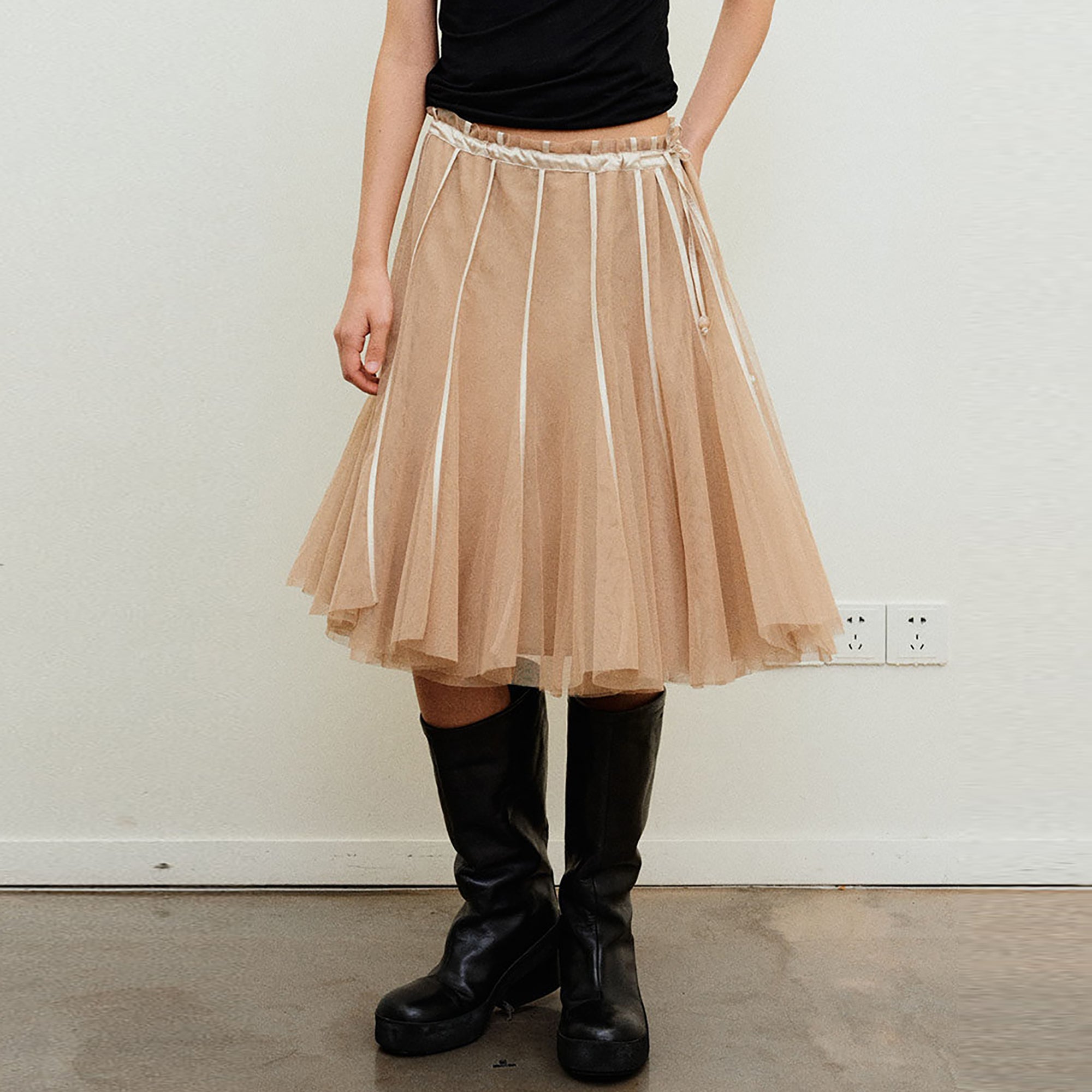NEVERSEEZ Layered Tulle Pleated Midi Skirt