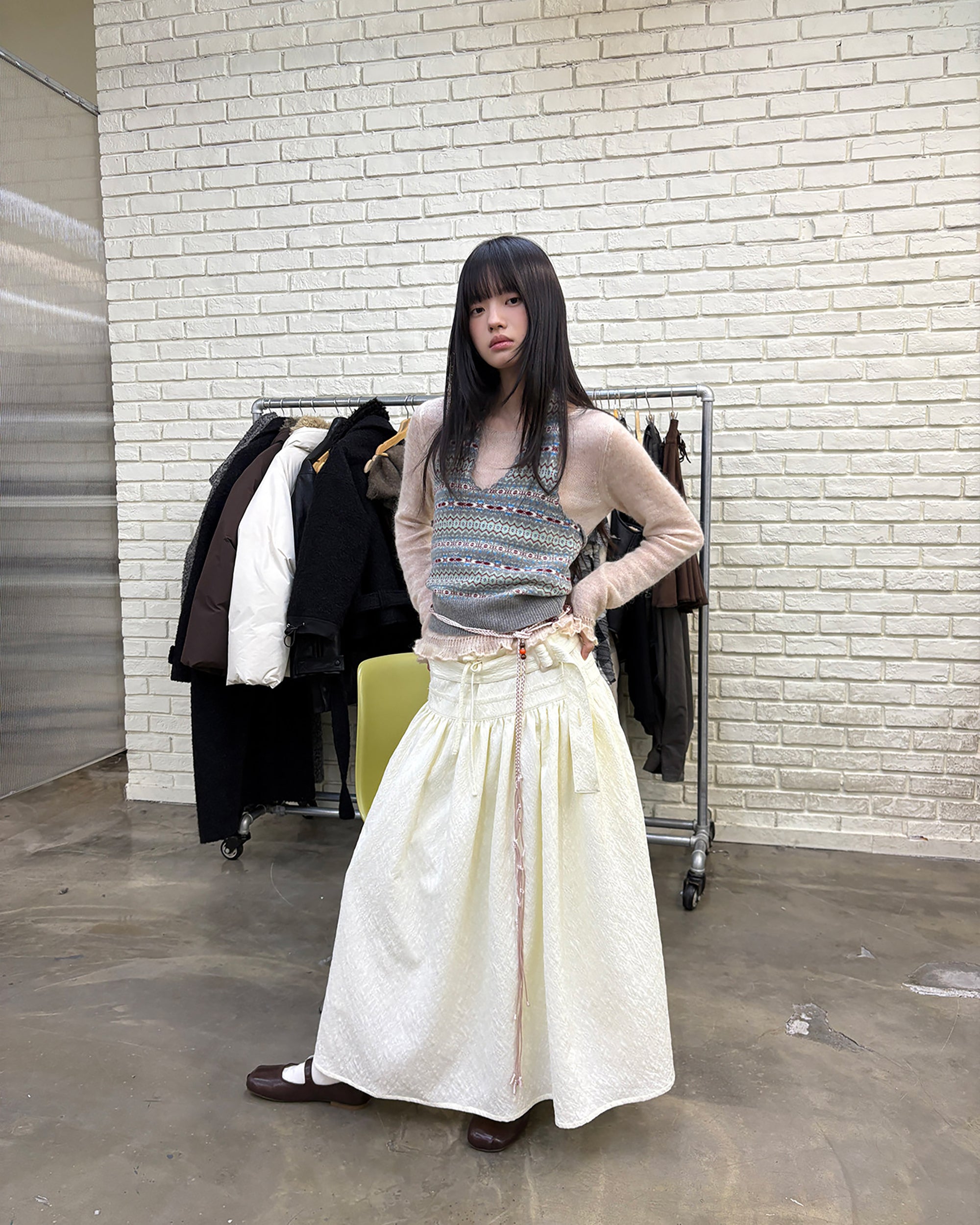 NEVERSEEZ Diagonal Strap Jacquard Umbrella Skirt