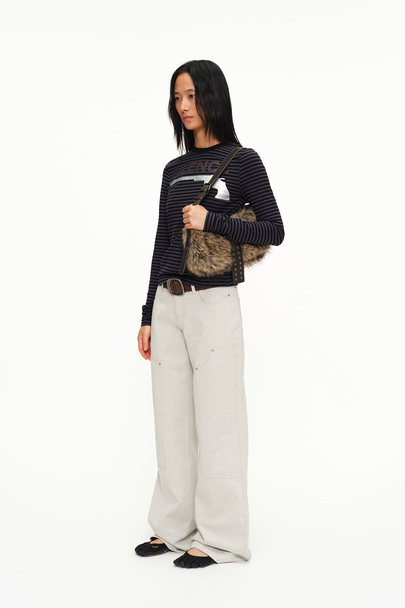 OINIMI Studded Belted Faux Fur Shoulder Bag