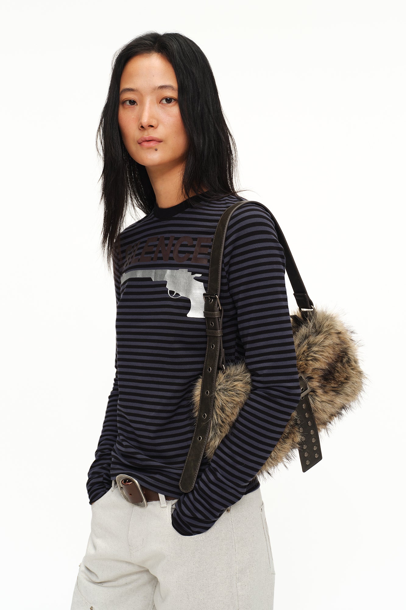 OINIMI Studded Belted Faux Fur Shoulder Bag