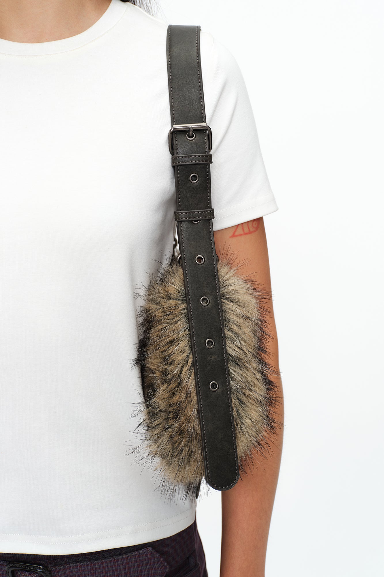 OINIMI Studded Belted Faux Fur Shoulder Bag