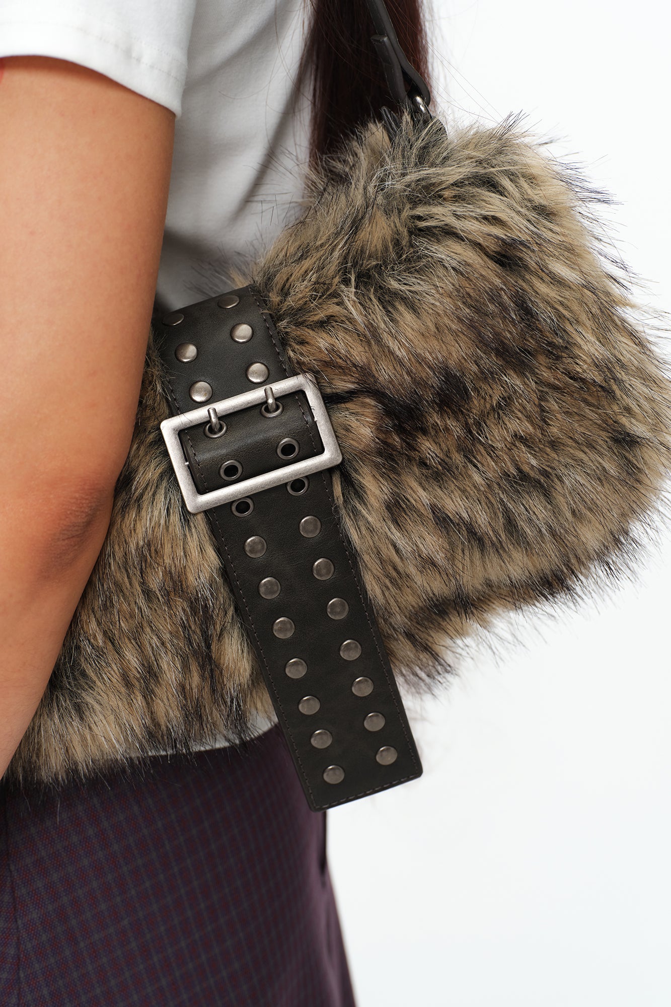 OINIMI Studded Belted Faux Fur Shoulder Bag