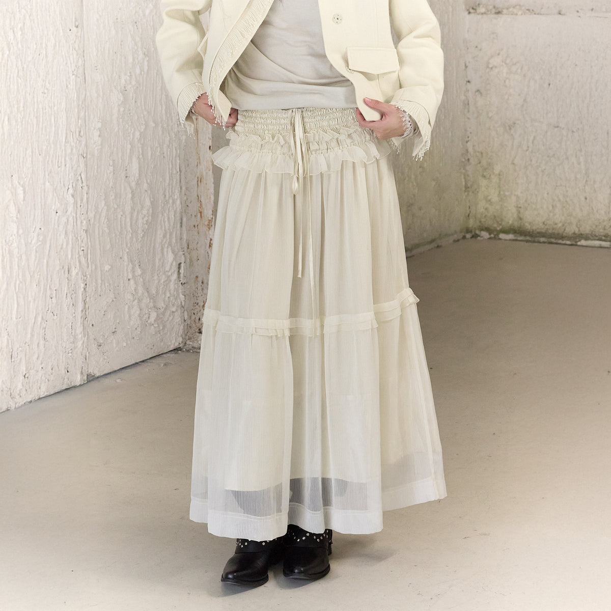CHANGGUANG YUANZI Spliced Lace Drawstring Flared Skirt