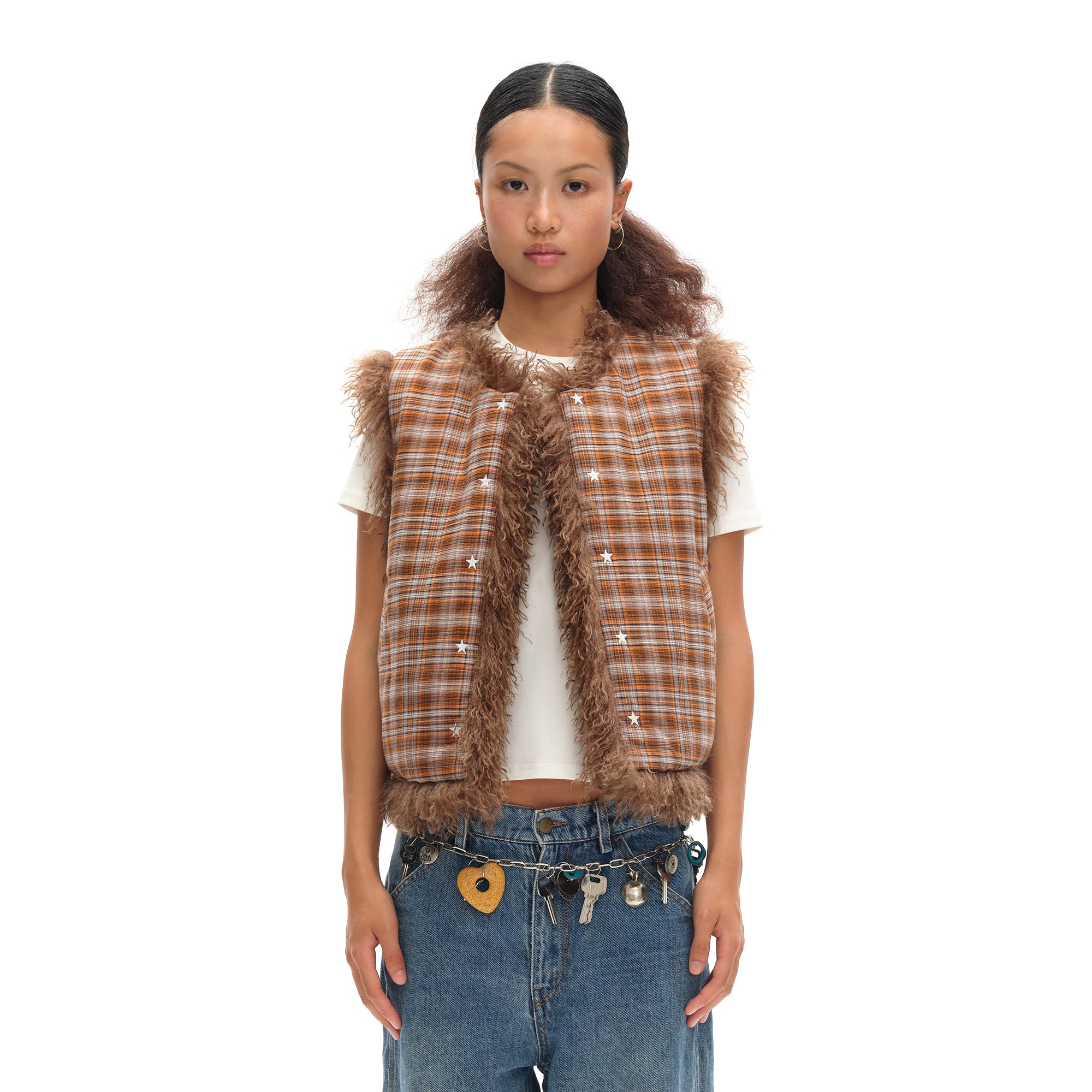 OINIMI Reversible Plaid-Lined Faux Fur Vest