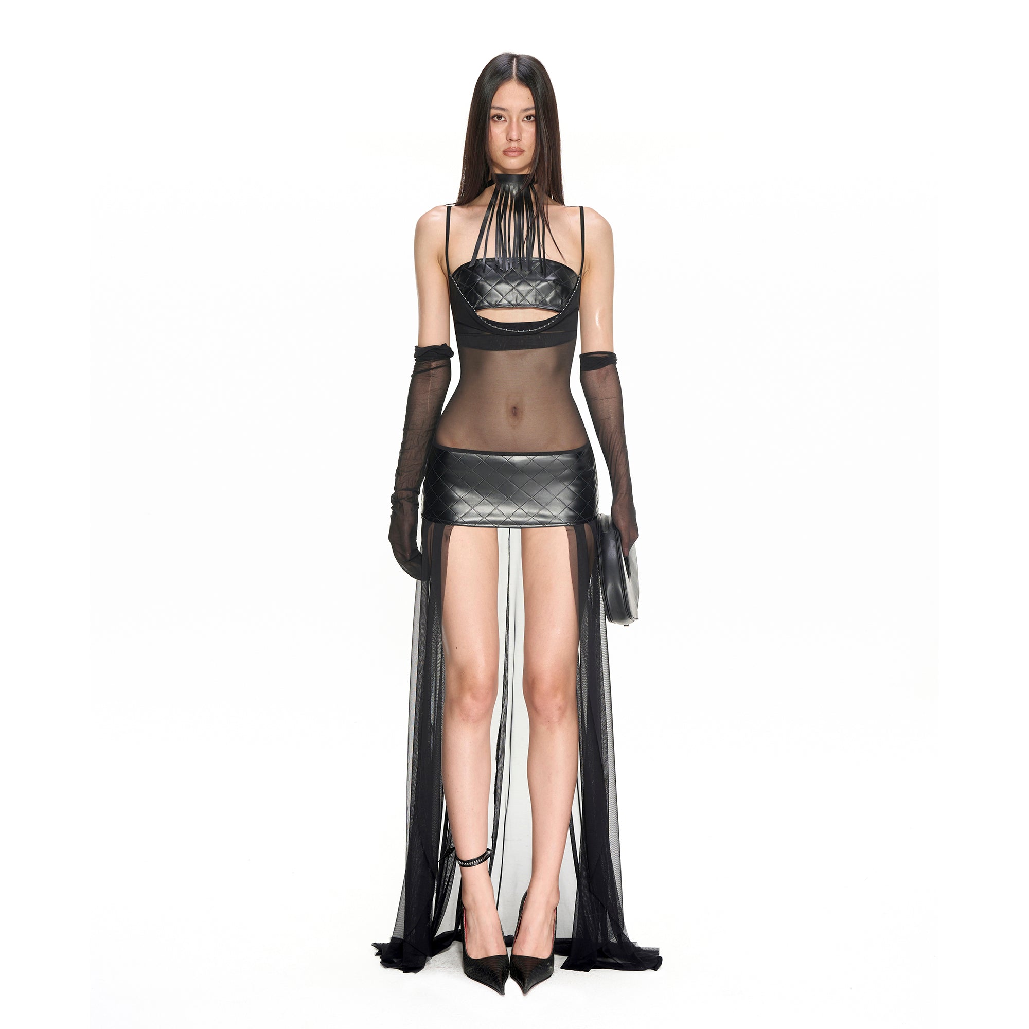 NEVER OFFEND L ANGEL Faux Leather Sheer Paneled Train Dress