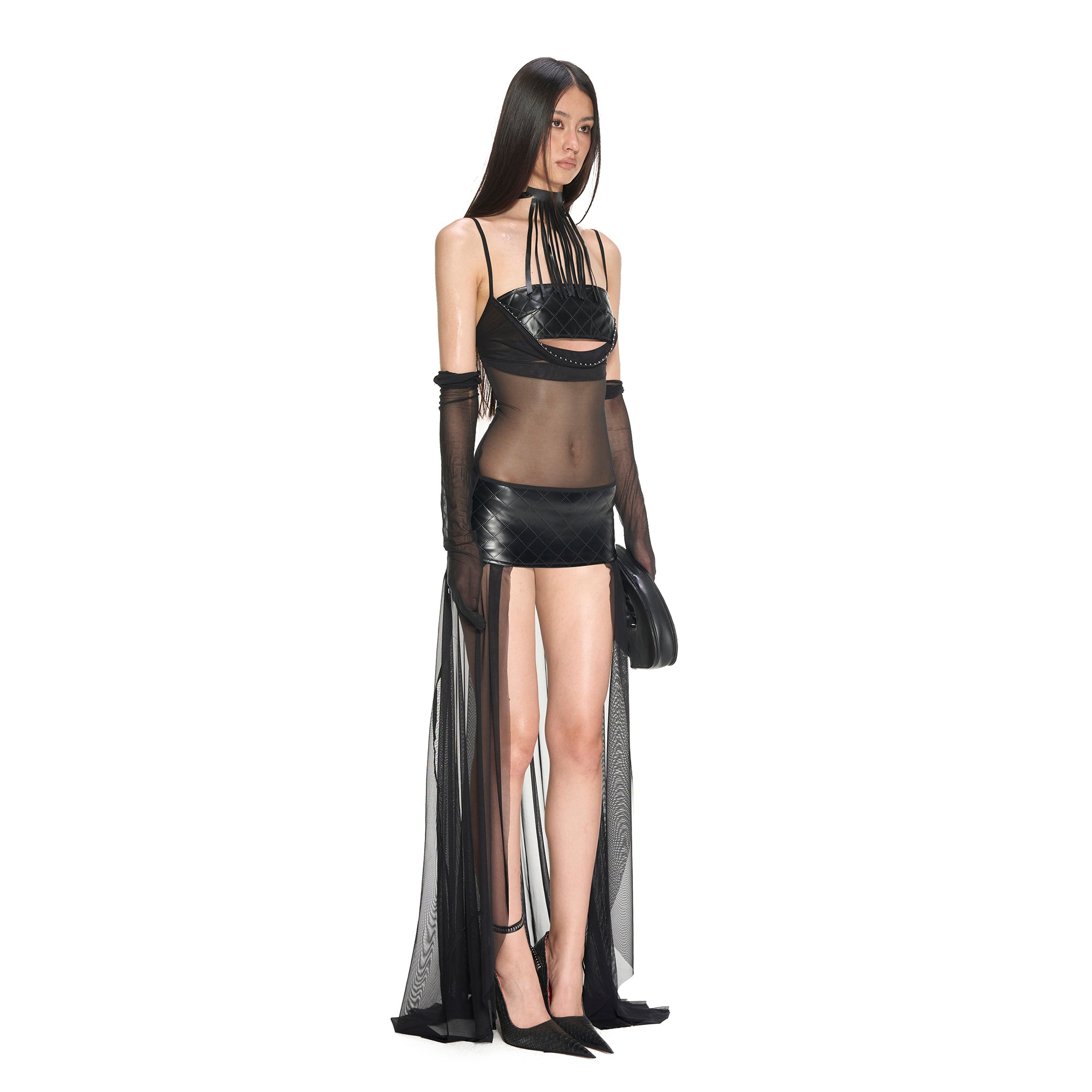 NEVER OFFEND L ANGEL Faux Leather Sheer Paneled Train Dress