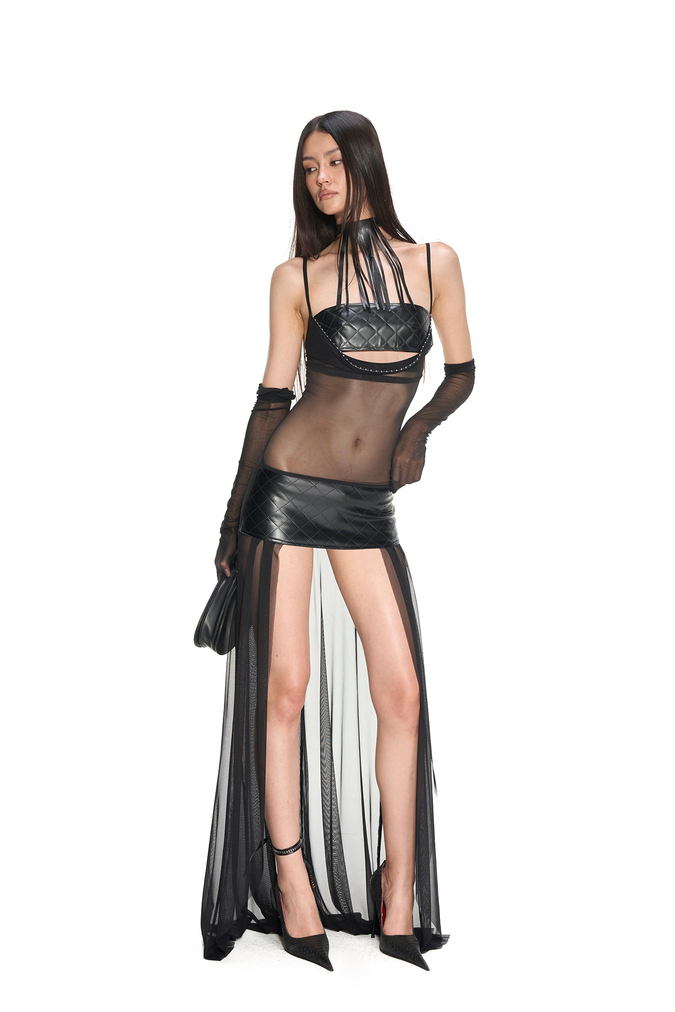 NEVER OFFEND L ANGEL Faux Leather Sheer Paneled Train Dress