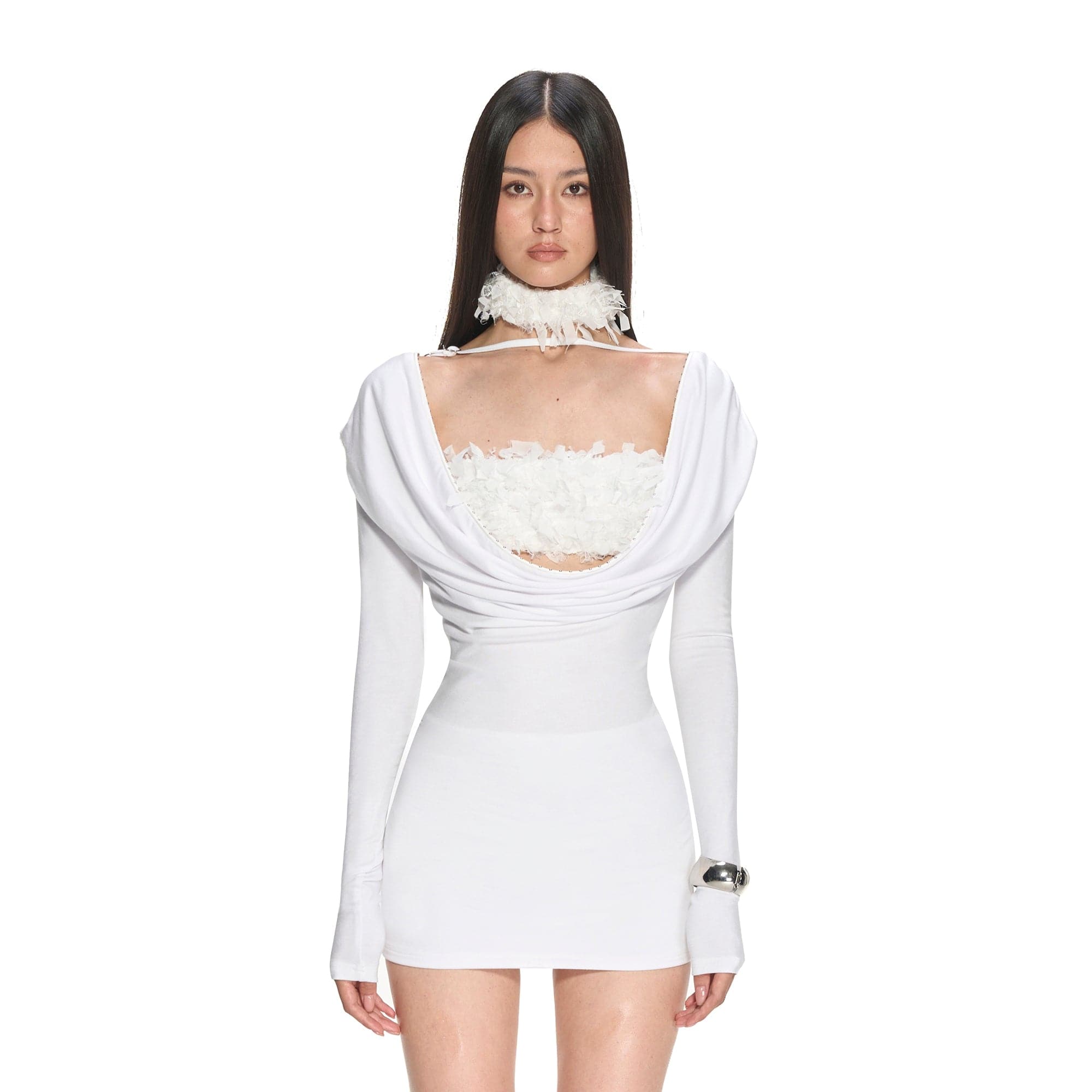 NEVER OFFEND L ANGEL Draped Off-Shoulder Slim Mini Dress