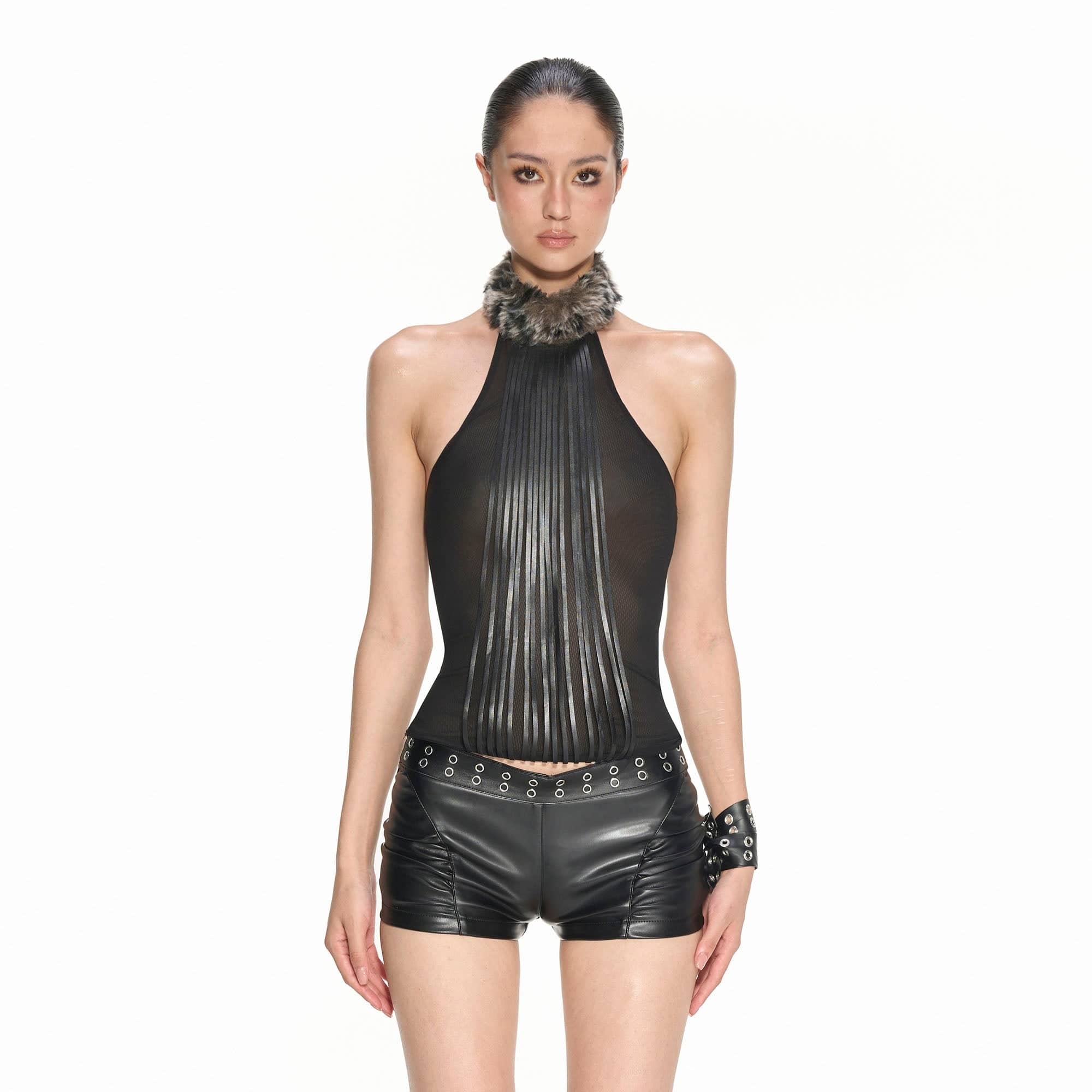 NEVER OFFEND L ANGEL Faux-Fur Collar Panel Mesh Halter Top