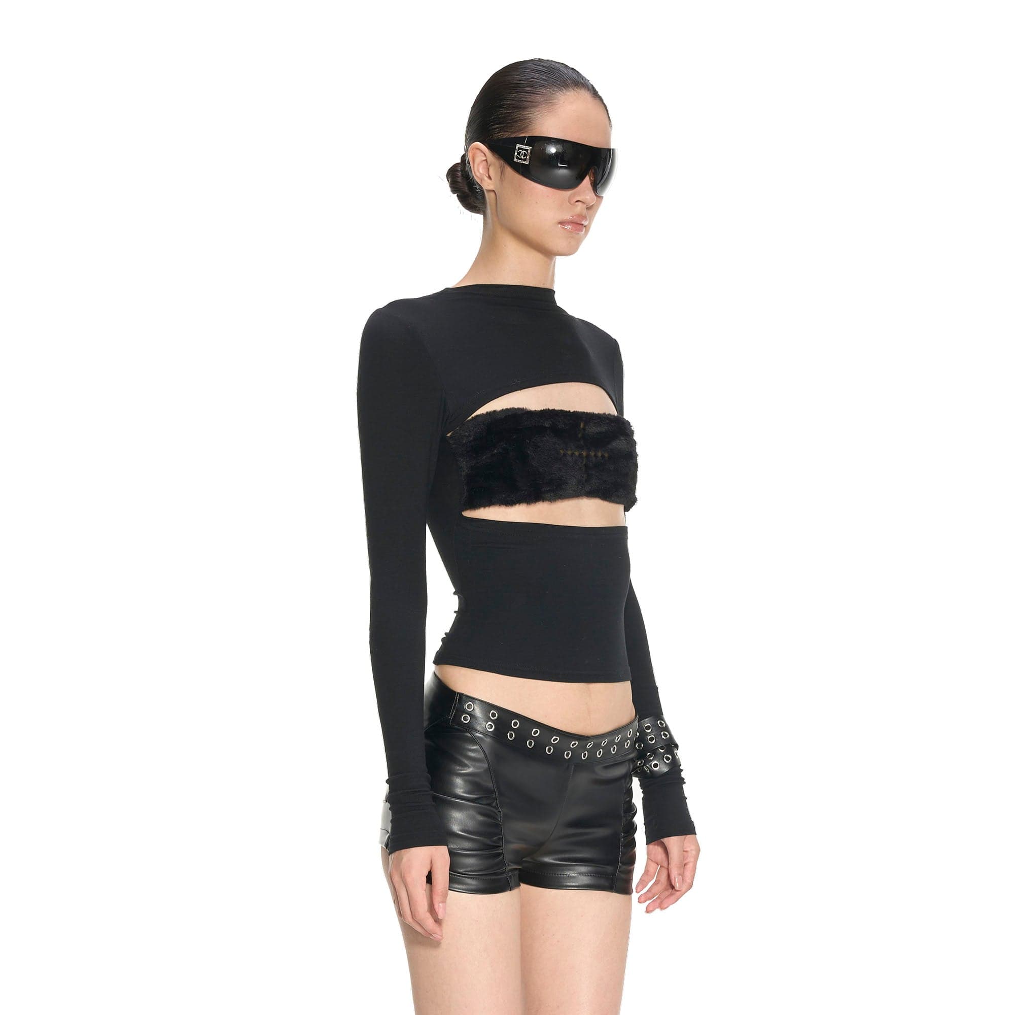 NEVER OFFEND L ANGEL Faux-Fur Bandeau Cross Rivet Cut-Out Top