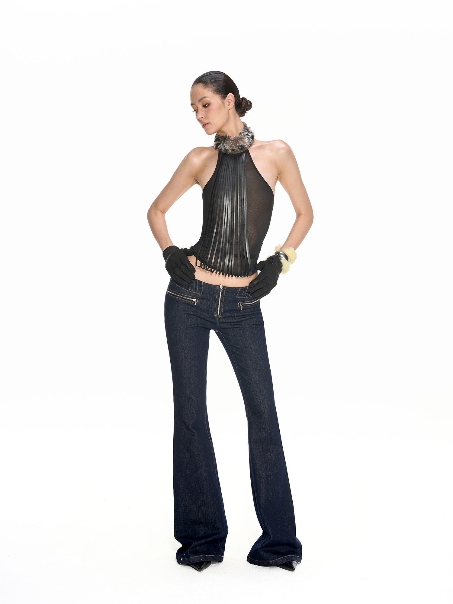 NEVER OFFEND L ANGEL Faux-Fur Collar Panel Mesh Halter Top