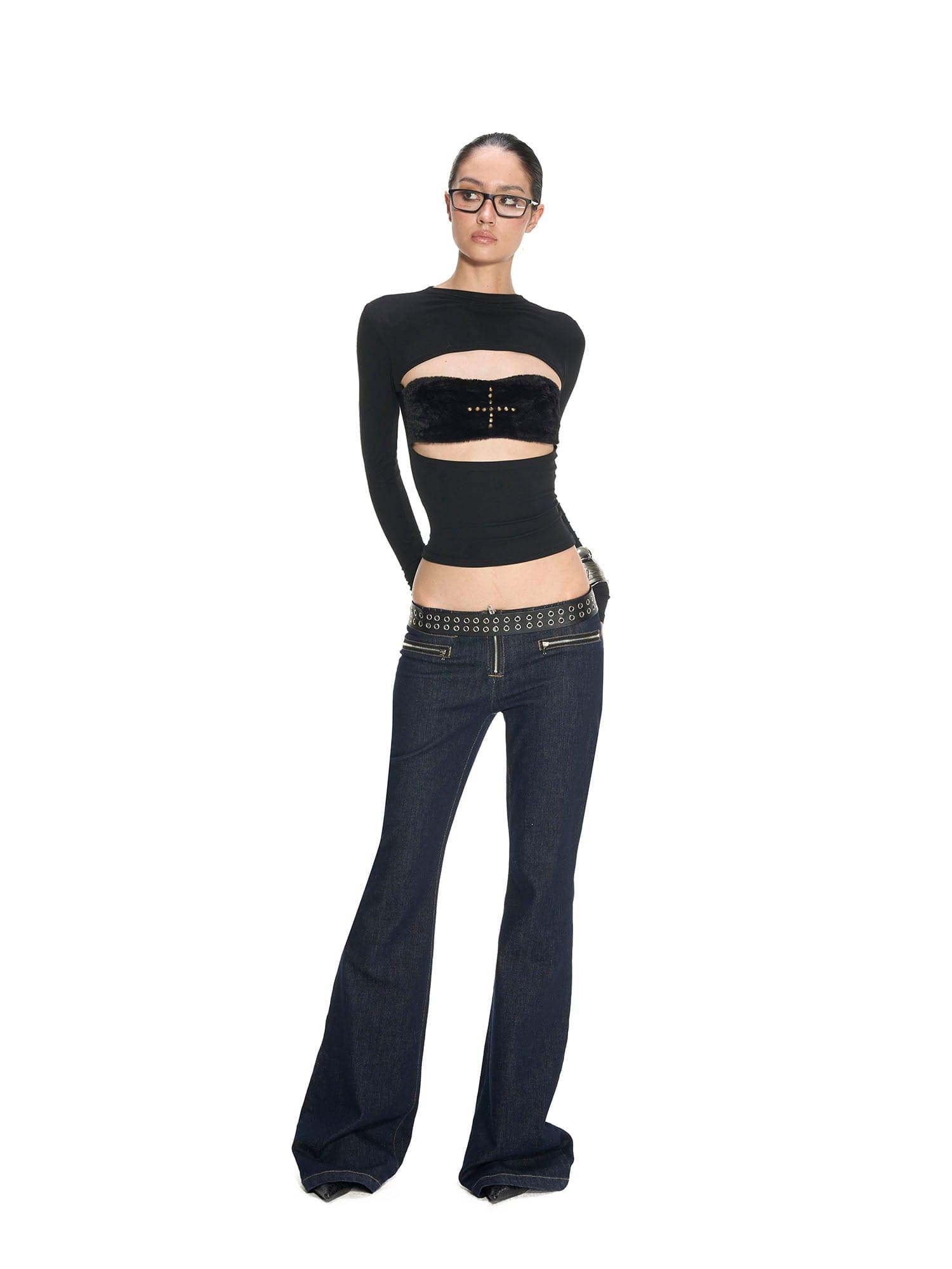 NEVER OFFEND L ANGEL Faux-Fur Bandeau Cross Rivet Cut-Out Top