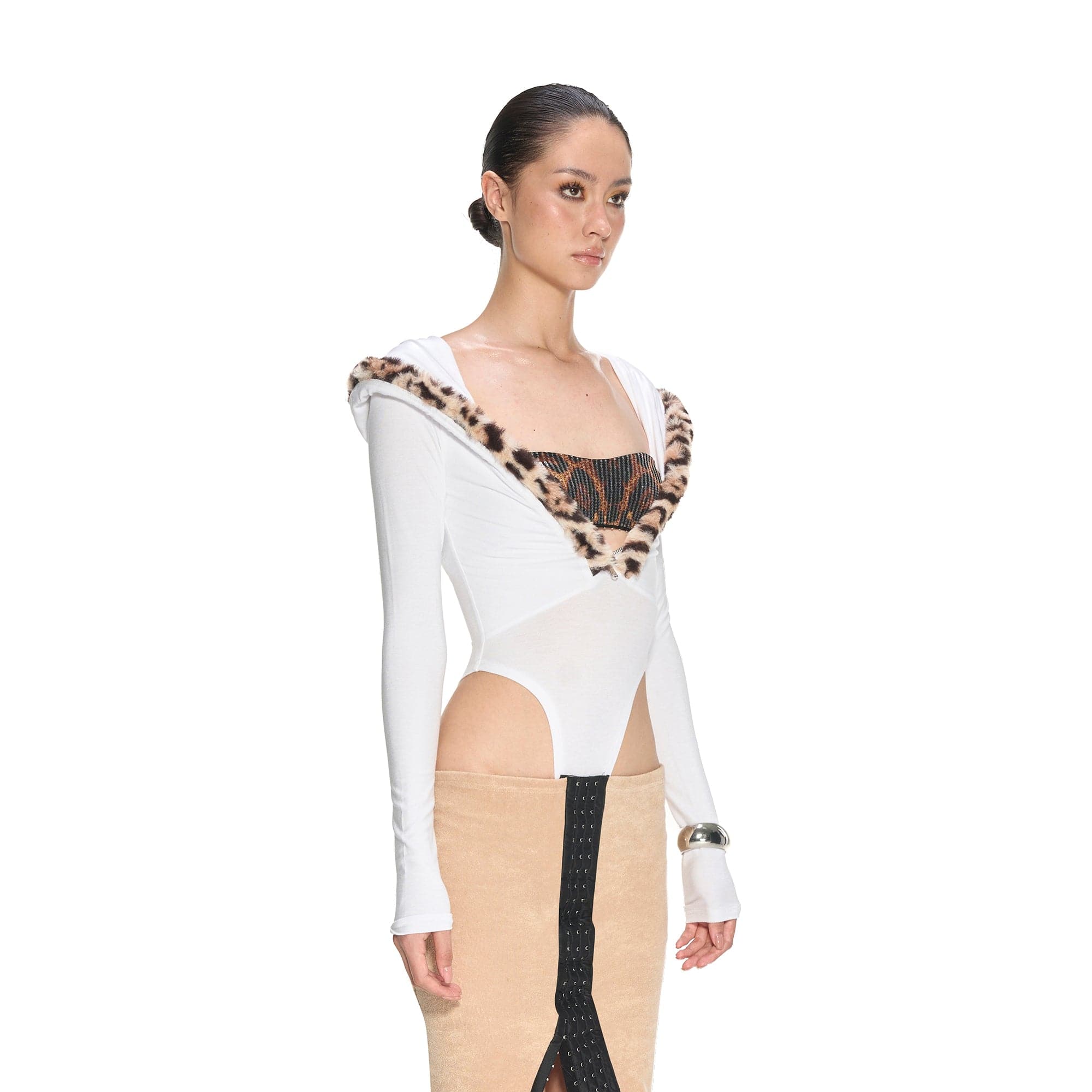 NEVER OFFEND L ANGEL Leopard-Trim Deep-V Zip-Up Knit Bodysuit
