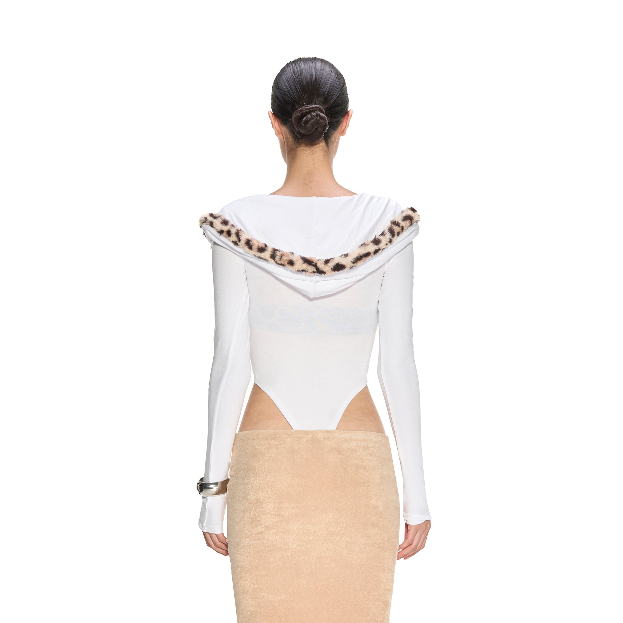 NEVER OFFEND L ANGEL Leopard-Trim Deep-V Zip-Up Knit Bodysuit