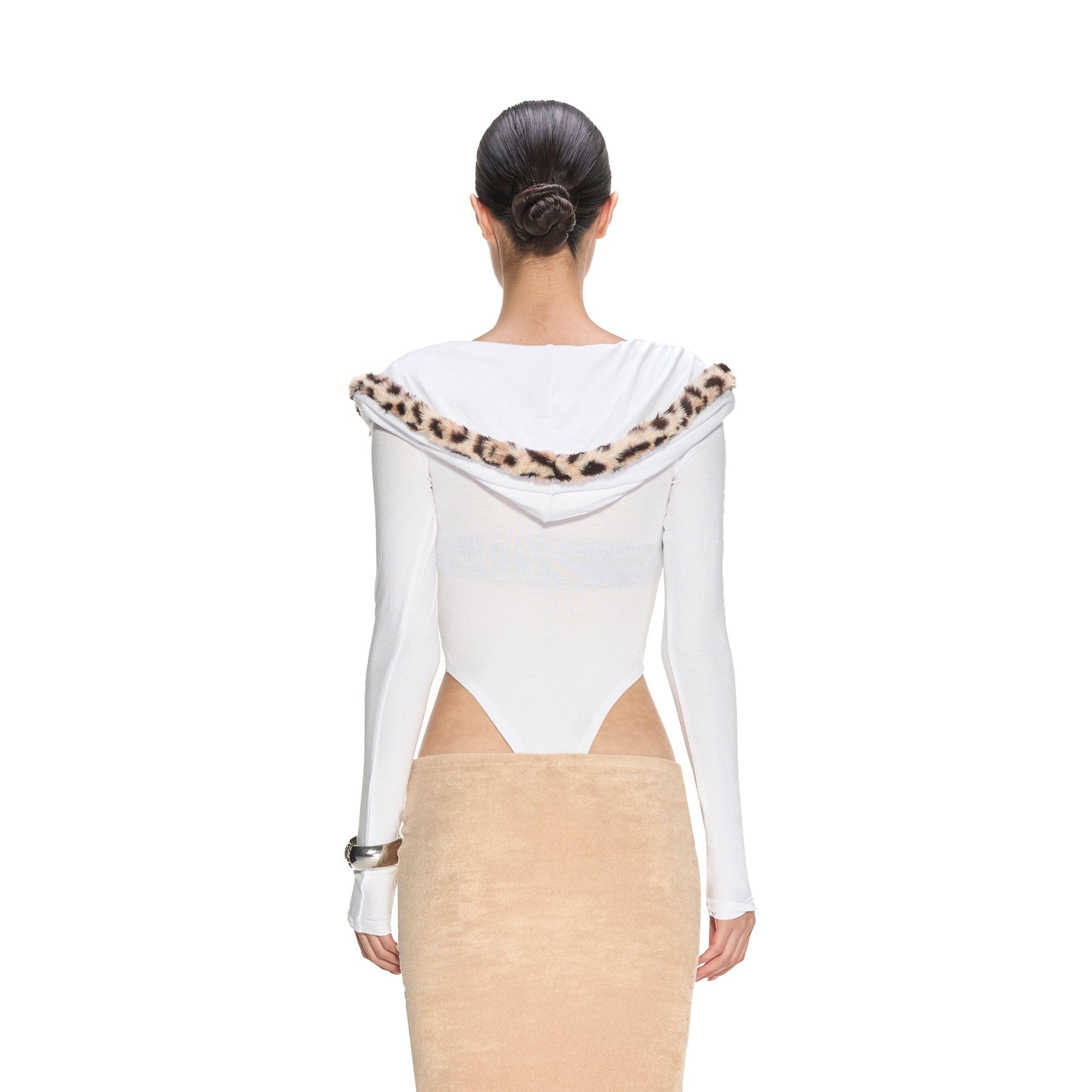 NEVER OFFEND L ANGEL Leopard-Trim Deep-V Zip-Up Knit Bodysuit