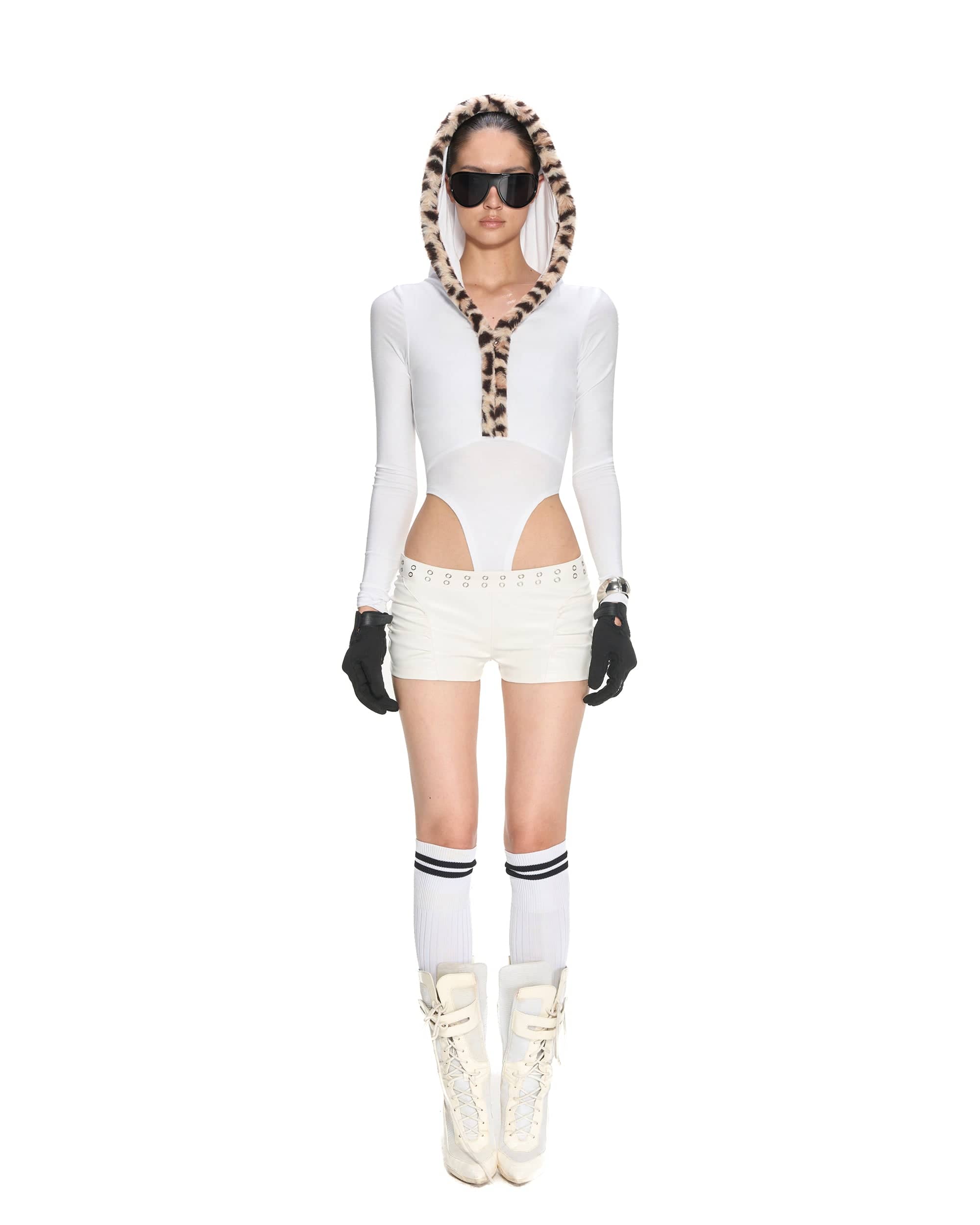NEVER OFFEND L ANGEL Leopard-Trim Deep-V Zip-Up Knit Bodysuit