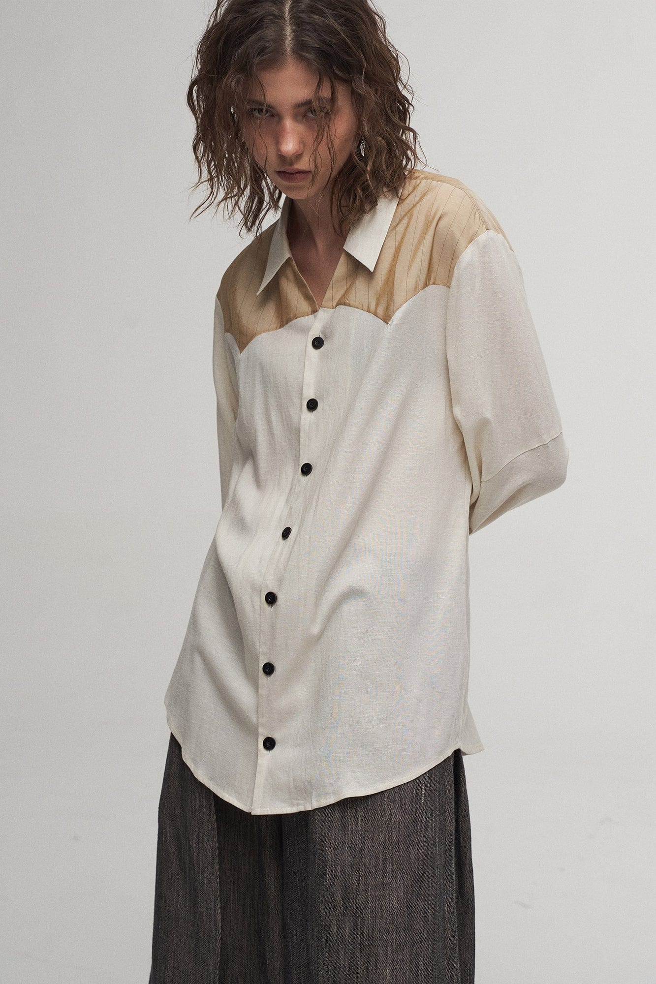 ILNya Nieternite Nifutur Pinstriped Contrast Spliced Shirt, premium urban and streetwear designers apparel on PROJECTISR.com, ILNya Nieternite Nifutur