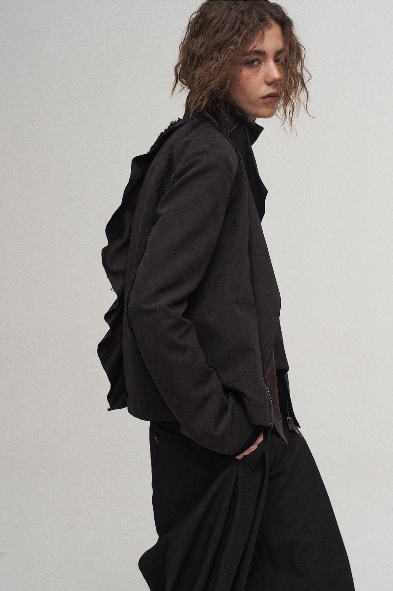 ILNya Nieternite Nifutur Asymmetrical Frayed Seam Ruffle Jacket, premium urban and streetwear designers apparel on PROJECTISR.com, ILNya Nieternite Nifutur