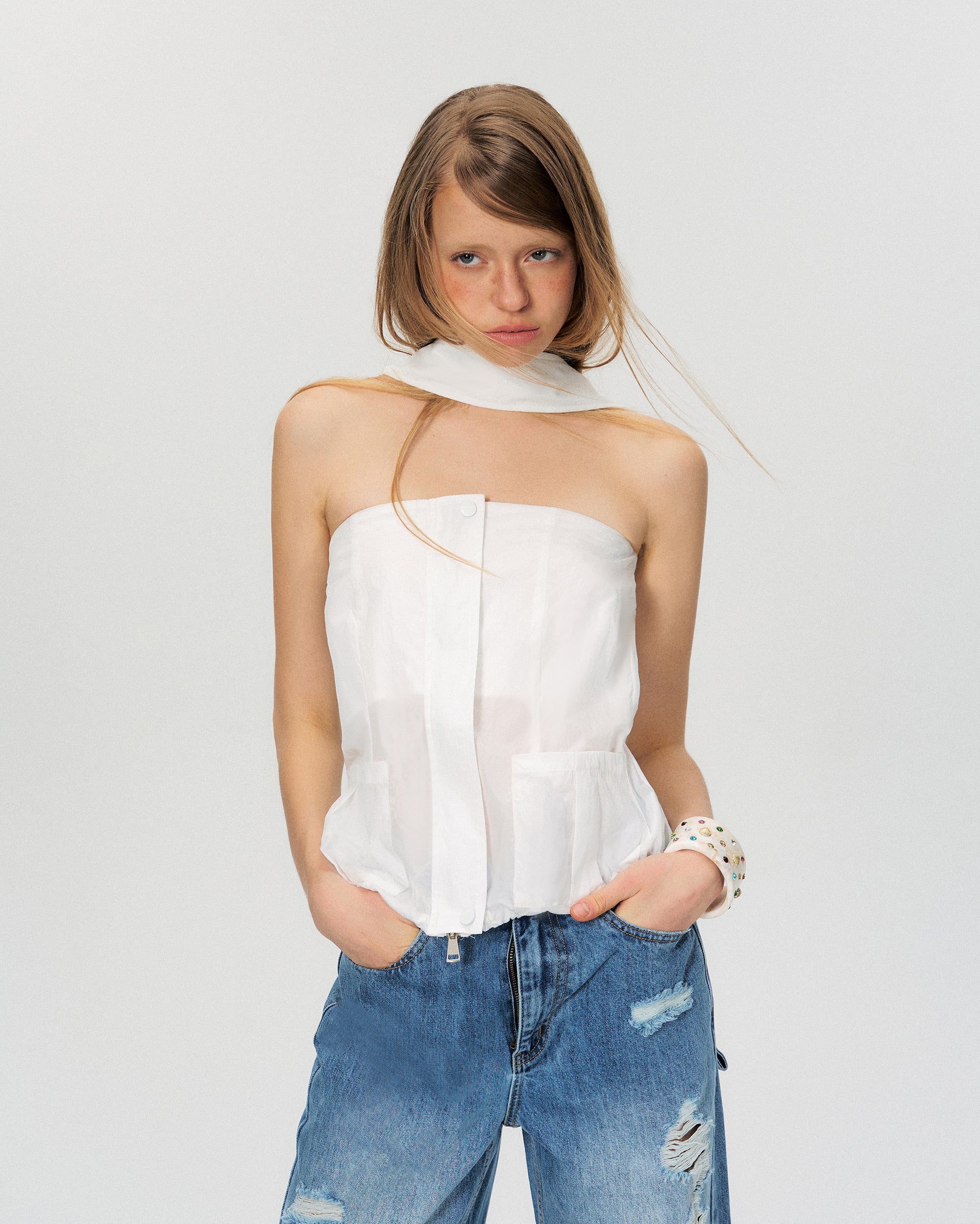 THE NEVERMORE Sheer Strapless Drawstring-Hem Pocket Top