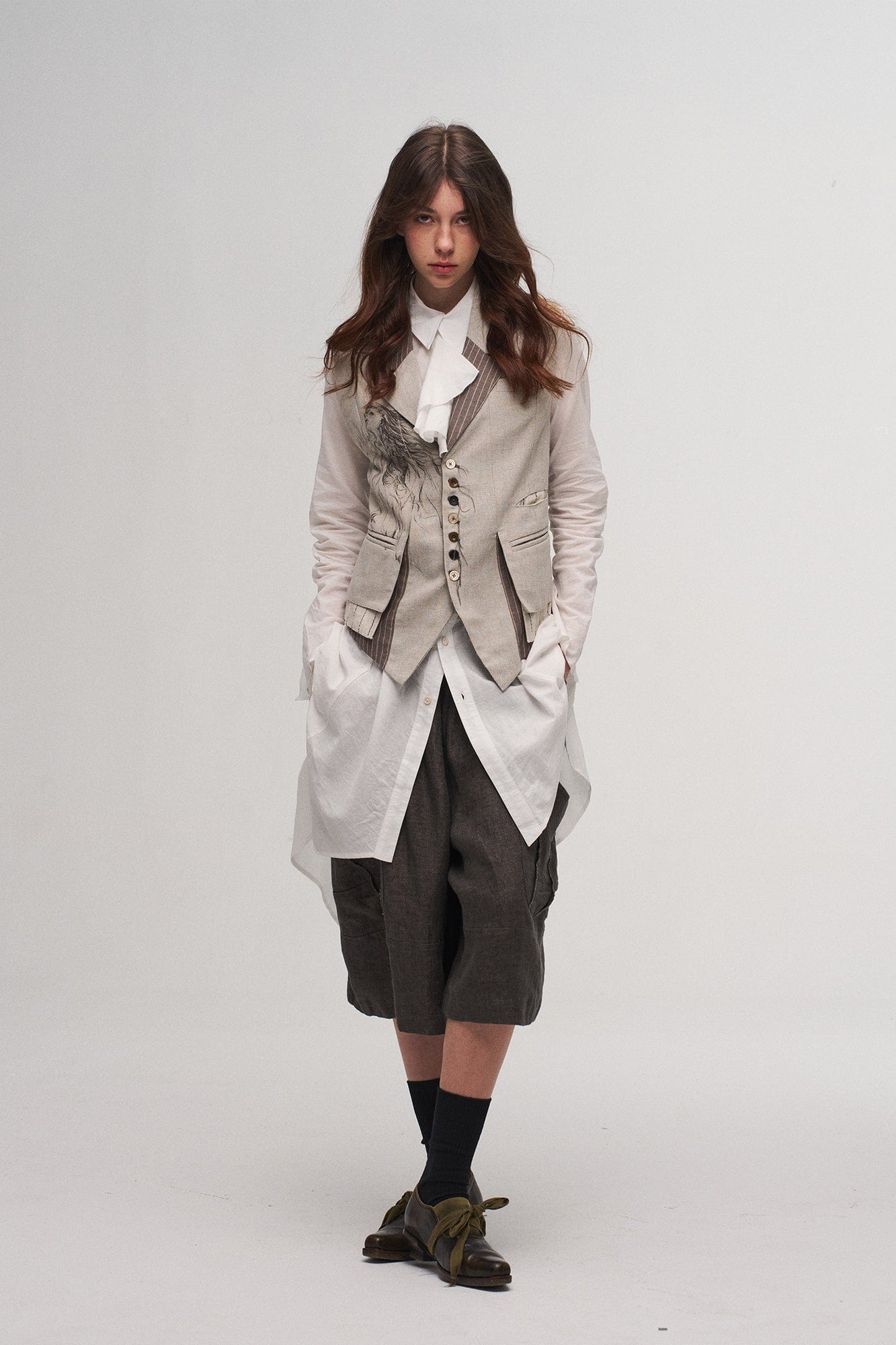 ILNya Nieternite Nifutur Ruched Waist Ruffle-Neck Long Shirt, premium urban and streetwear designers apparel on PROJECTISR.com, ILNya Nieternite Nifutur