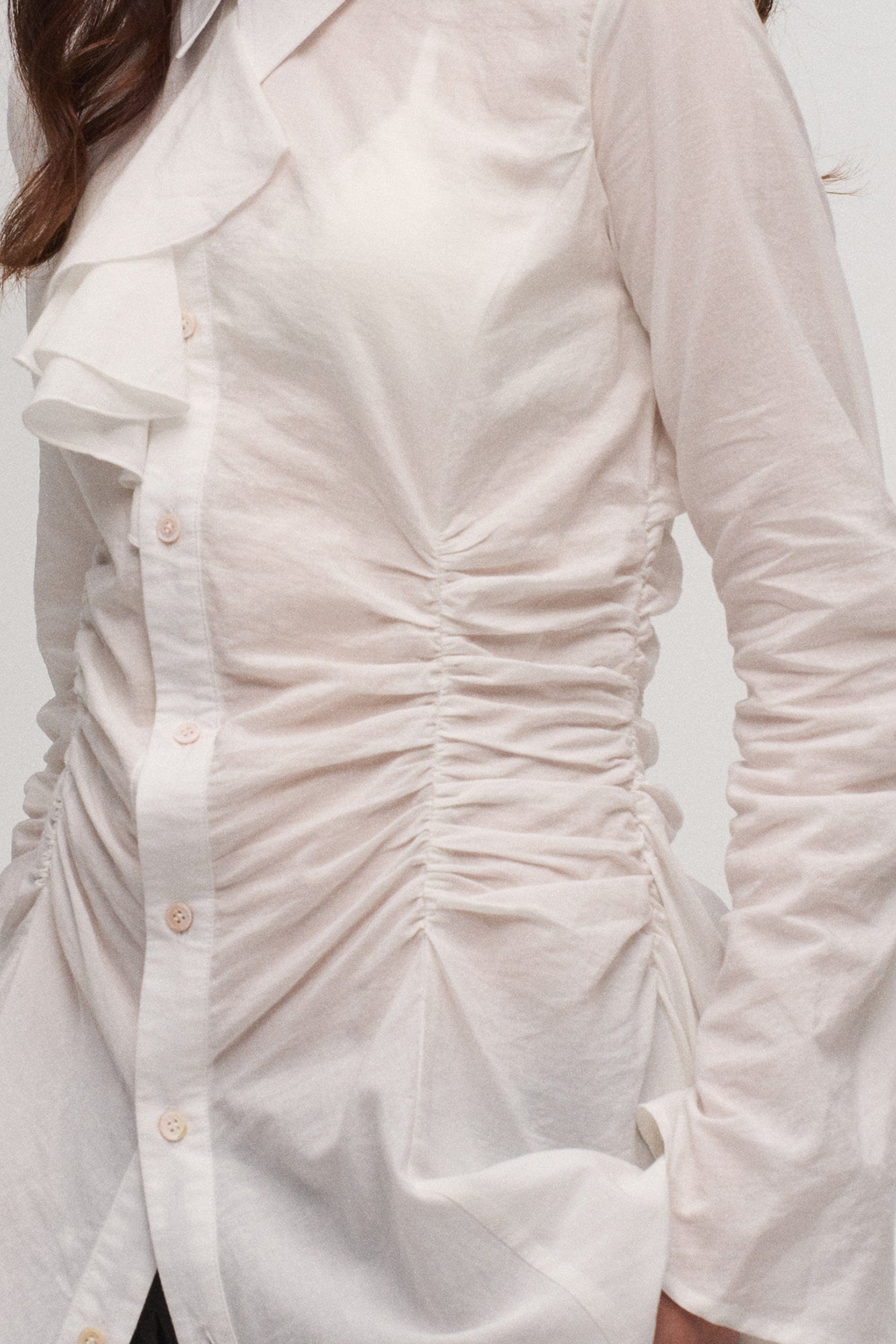 ILNya Nieternite Nifutur Ruched Waist Ruffle-Neck Long Shirt, premium urban and streetwear designers apparel on PROJECTISR.com, ILNya Nieternite Nifutur