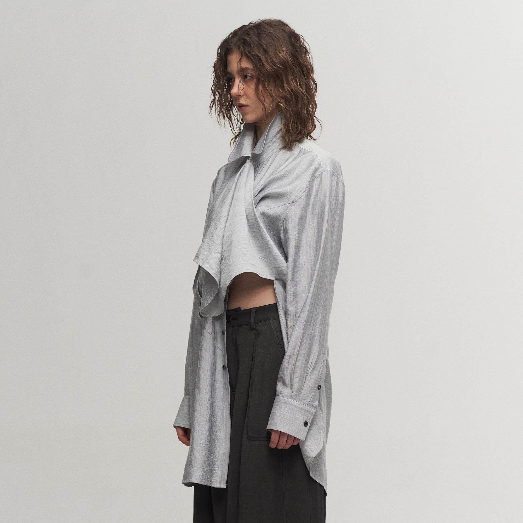 ILNya Nieternite Nifutur Arc Spliced Draped Long Shirt Bluish Silver, premium urban and streetwear designers apparel on PROJECTISR.com, ILNya Nieternite Nifutur