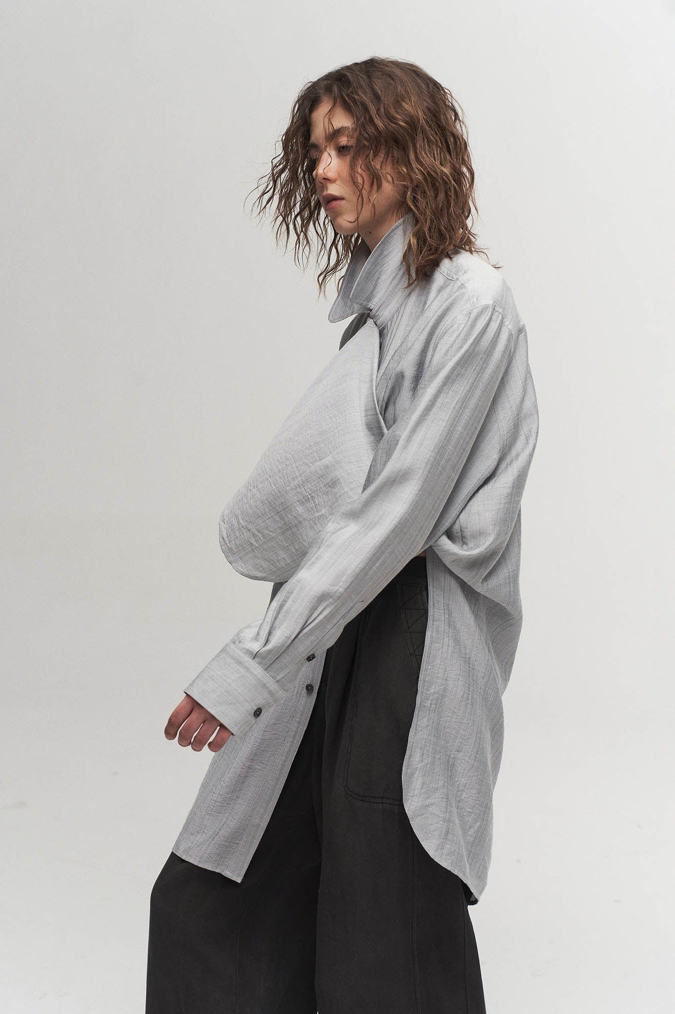 ILNya Nieternite Nifutur Arc Spliced Draped Long Shirt Bluish Silver, premium urban and streetwear designers apparel on PROJECTISR.com, ILNya Nieternite Nifutur