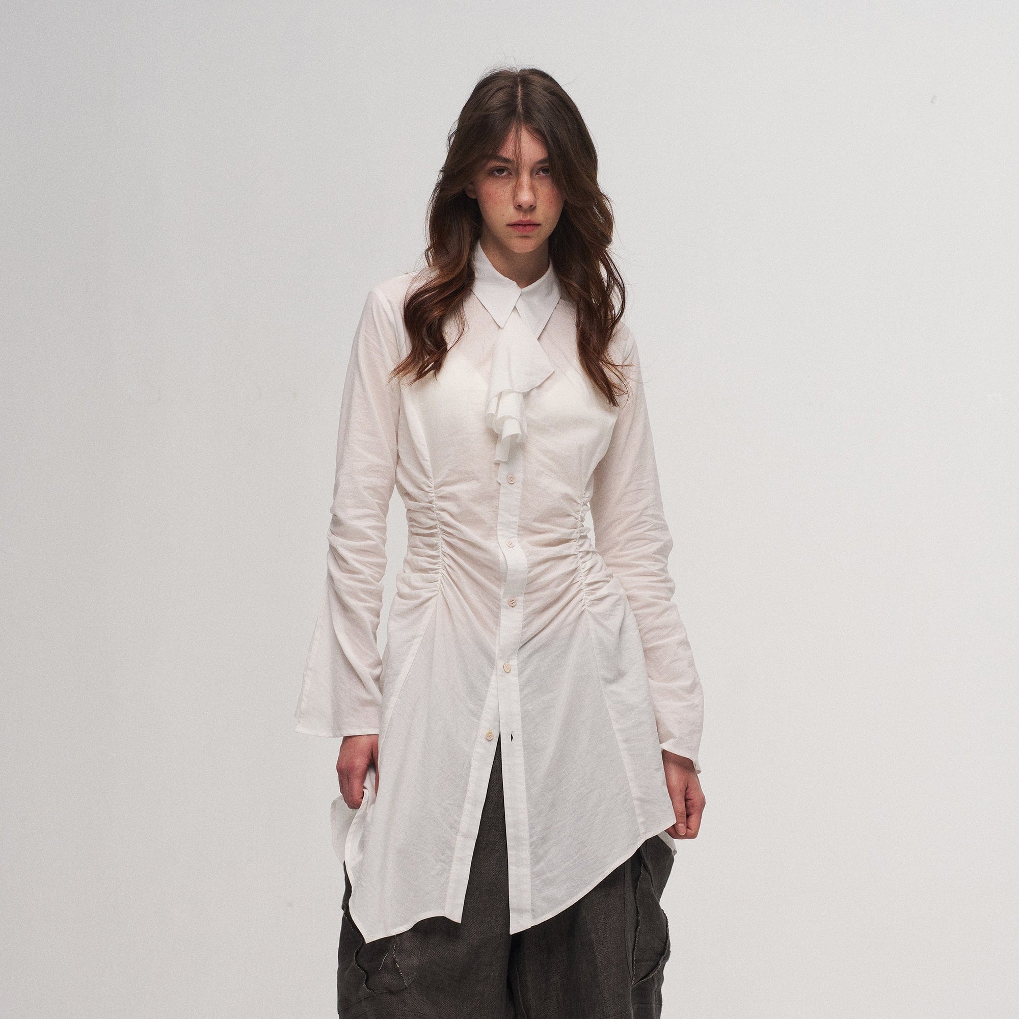 ILNya Nieternite Nifutur Ruched Waist Ruffle-Neck Long Shirt, premium urban and streetwear designers apparel on PROJECTISR.com, ILNya Nieternite Nifutur