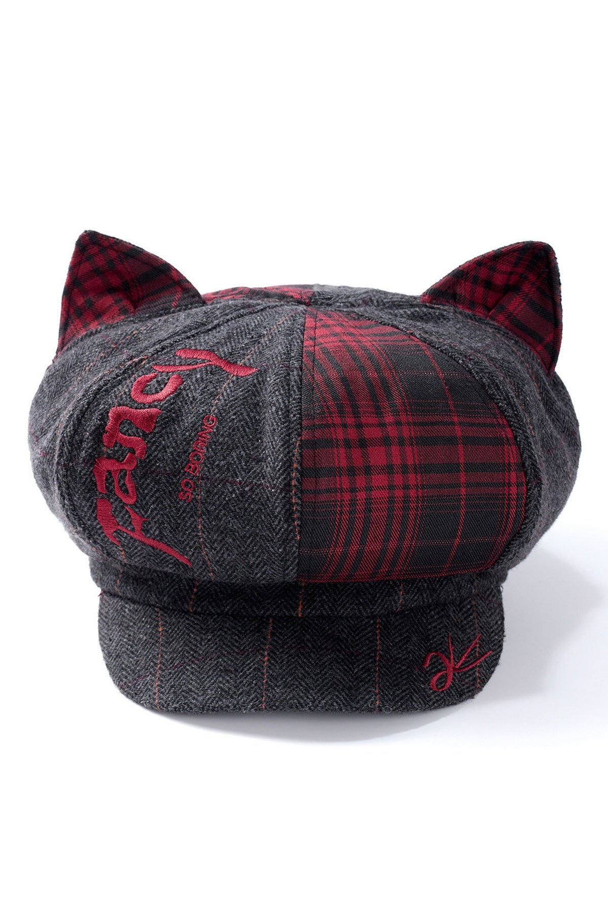 EMOHA Cat Ear Plaid Newsboy Cap — flat lay