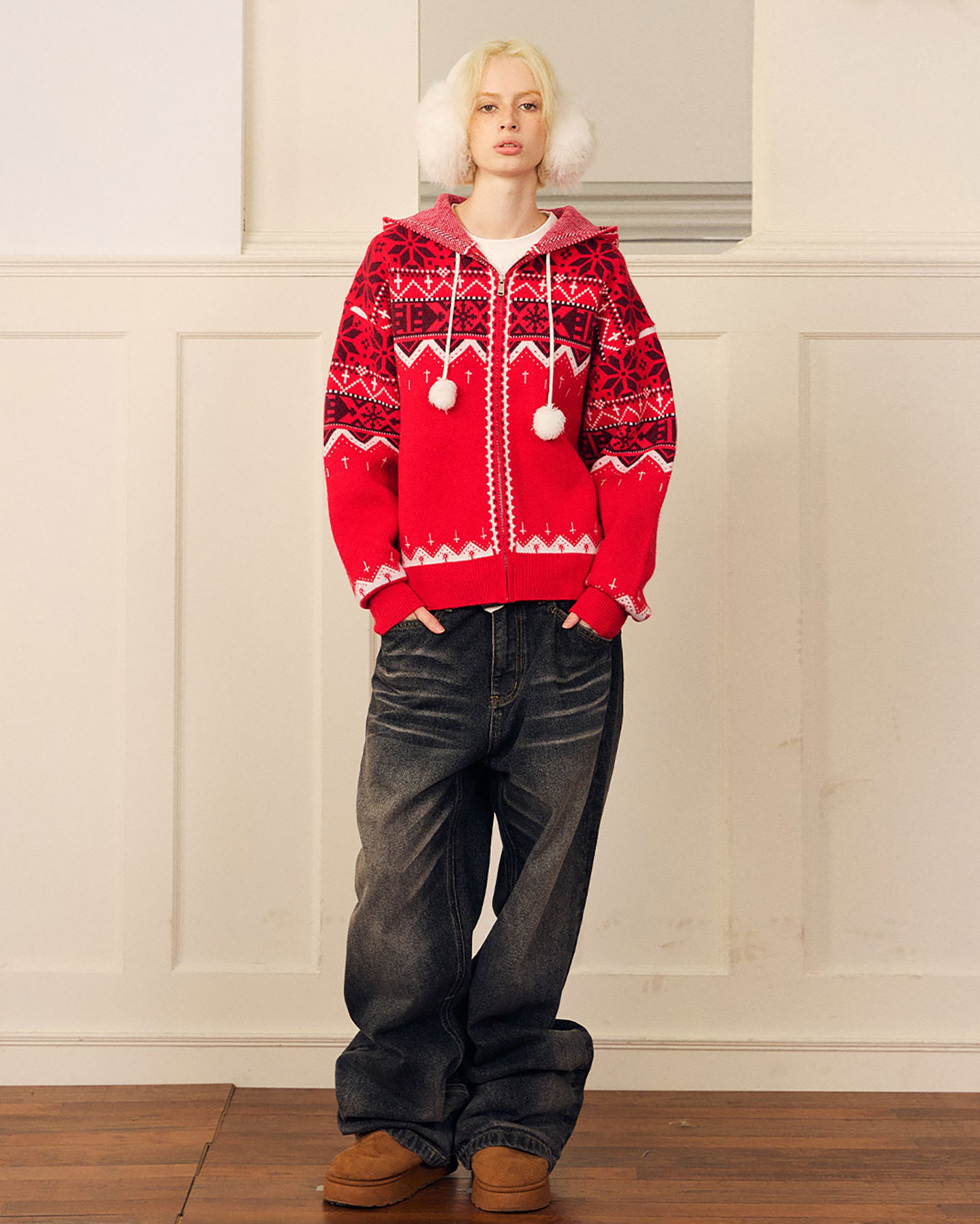 DONSMOKE Retro Fair Isle Pom Zip-Up Hoodie