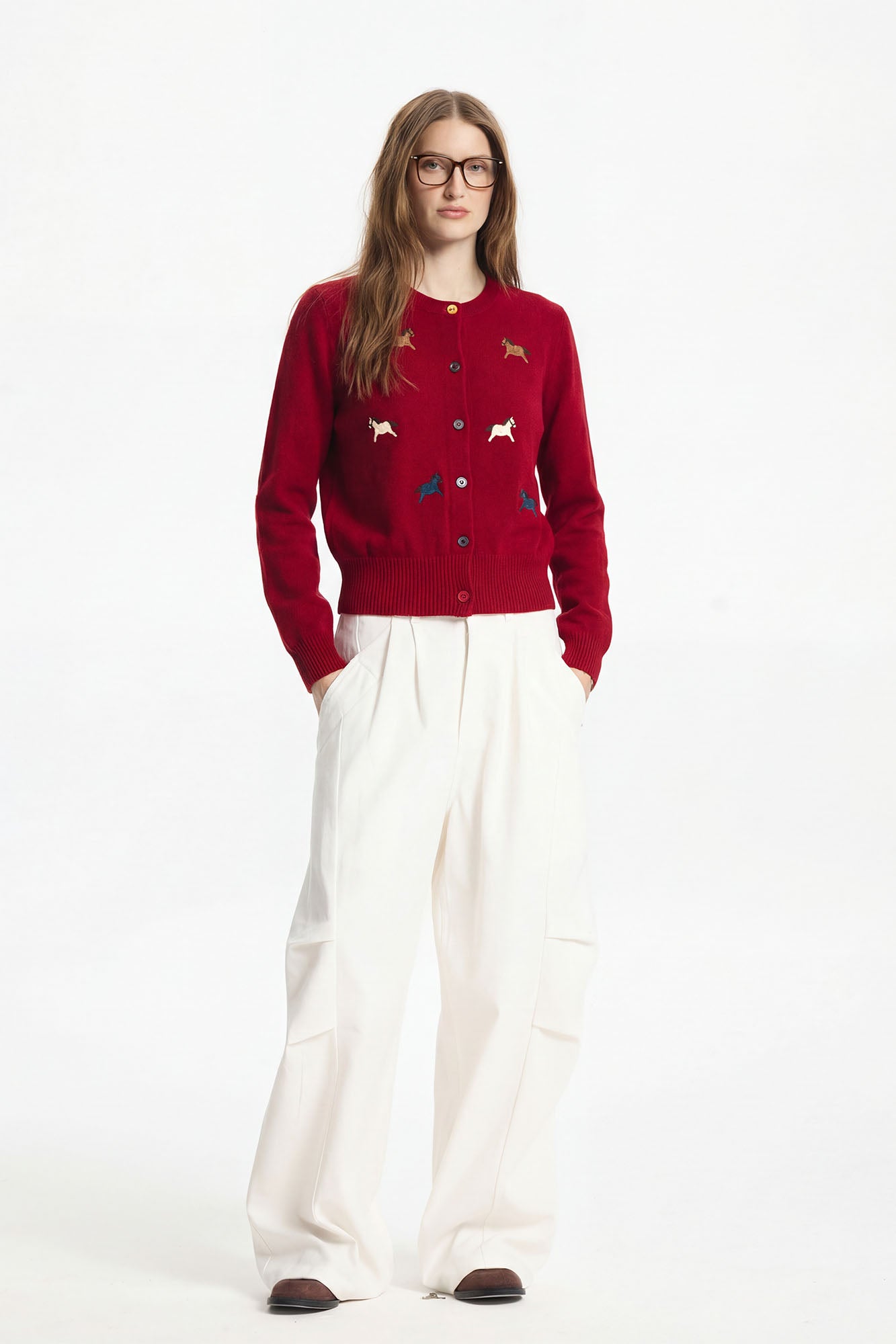 LEONSENSE Pony Embroidered Button Cardigan