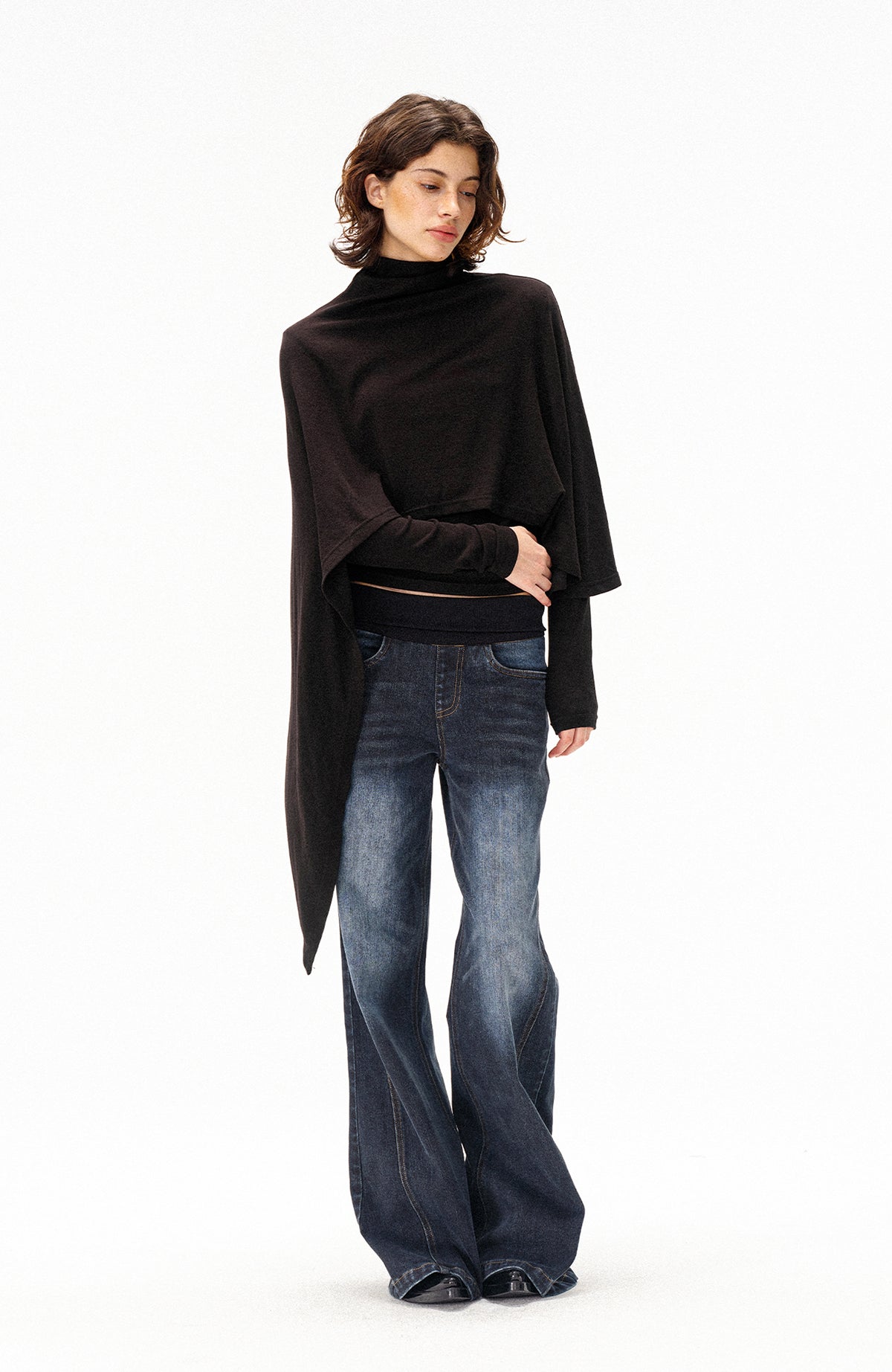 COSTUSTOOT Cape-Style Asymmetric Layered Knit Long-Sleeve Tee