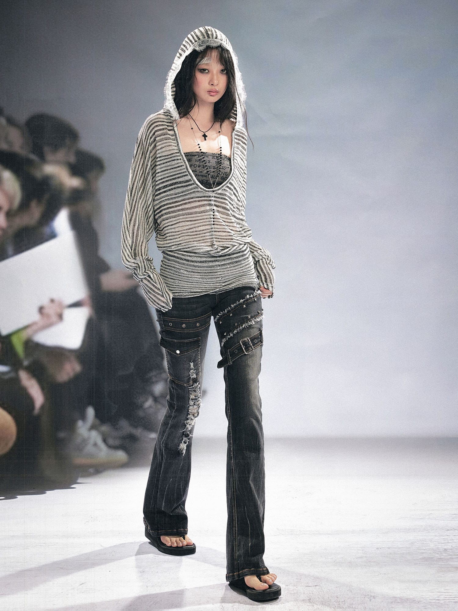 CESTNOUS Striped Sheer Hooded Long-Sleeve Tee