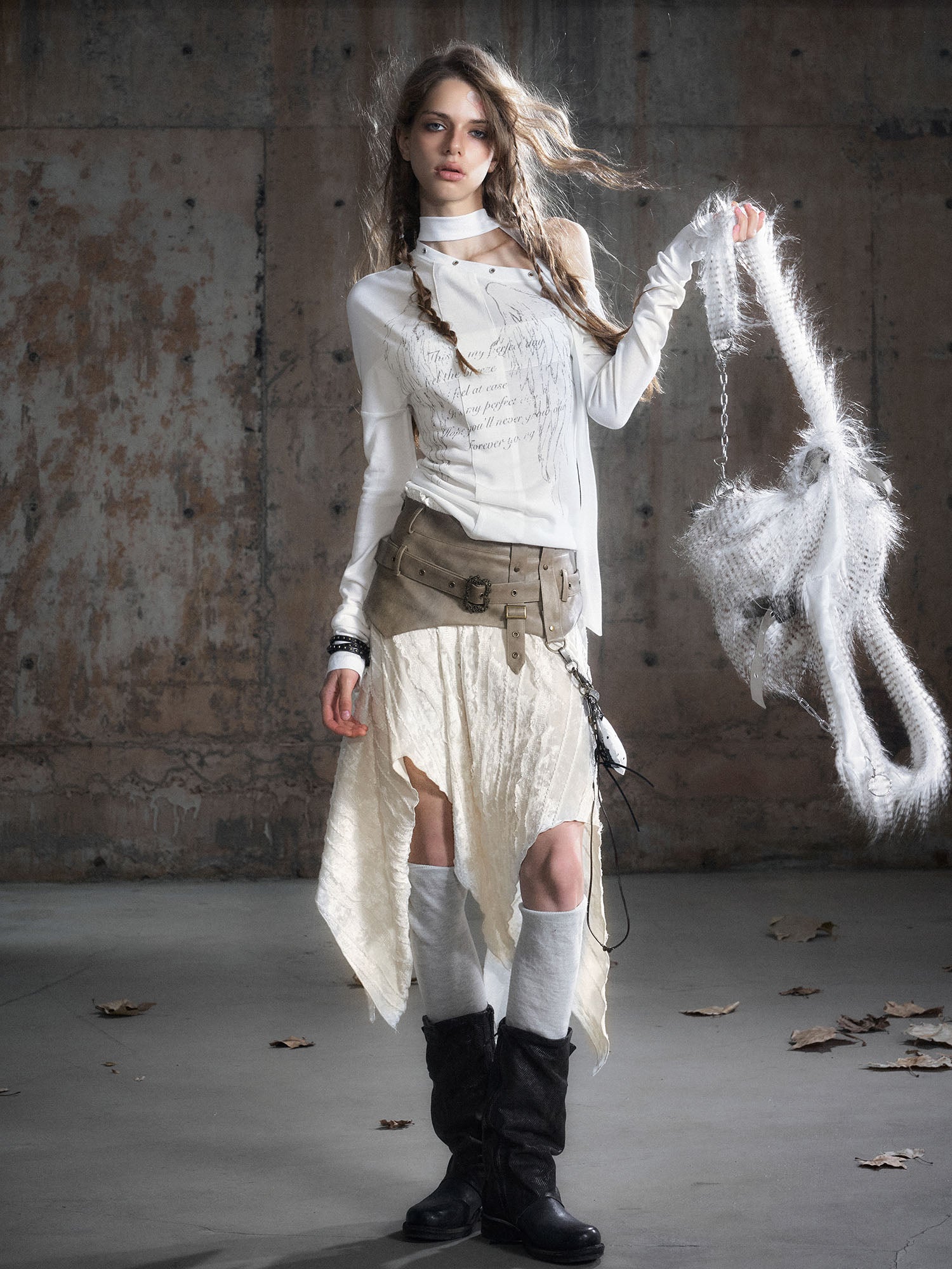 CESTNOUS Asymmetric Tie-Drape Cross Panel Long-Sleeve Tee