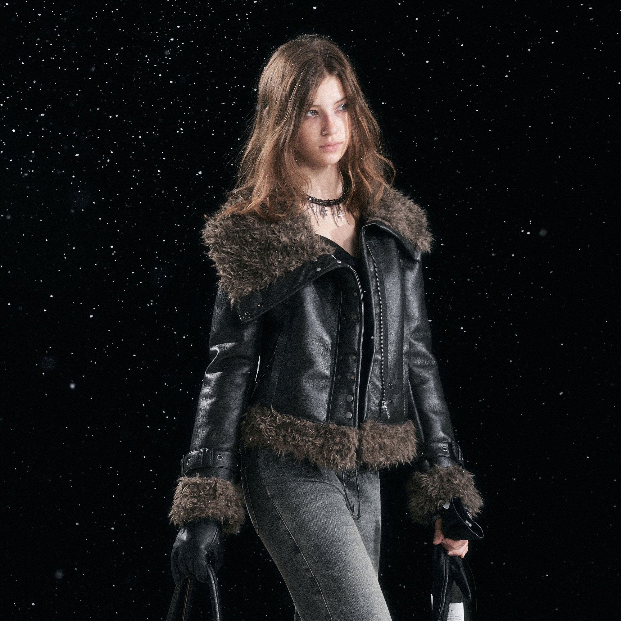 CESTNOUS Faux-Shearling Trim Faux Leather Jacket