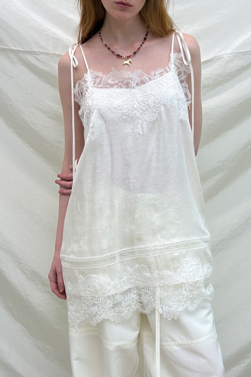 NEVERSEEZ Spliced Lace-Trim Tie-Strap Slip Dress