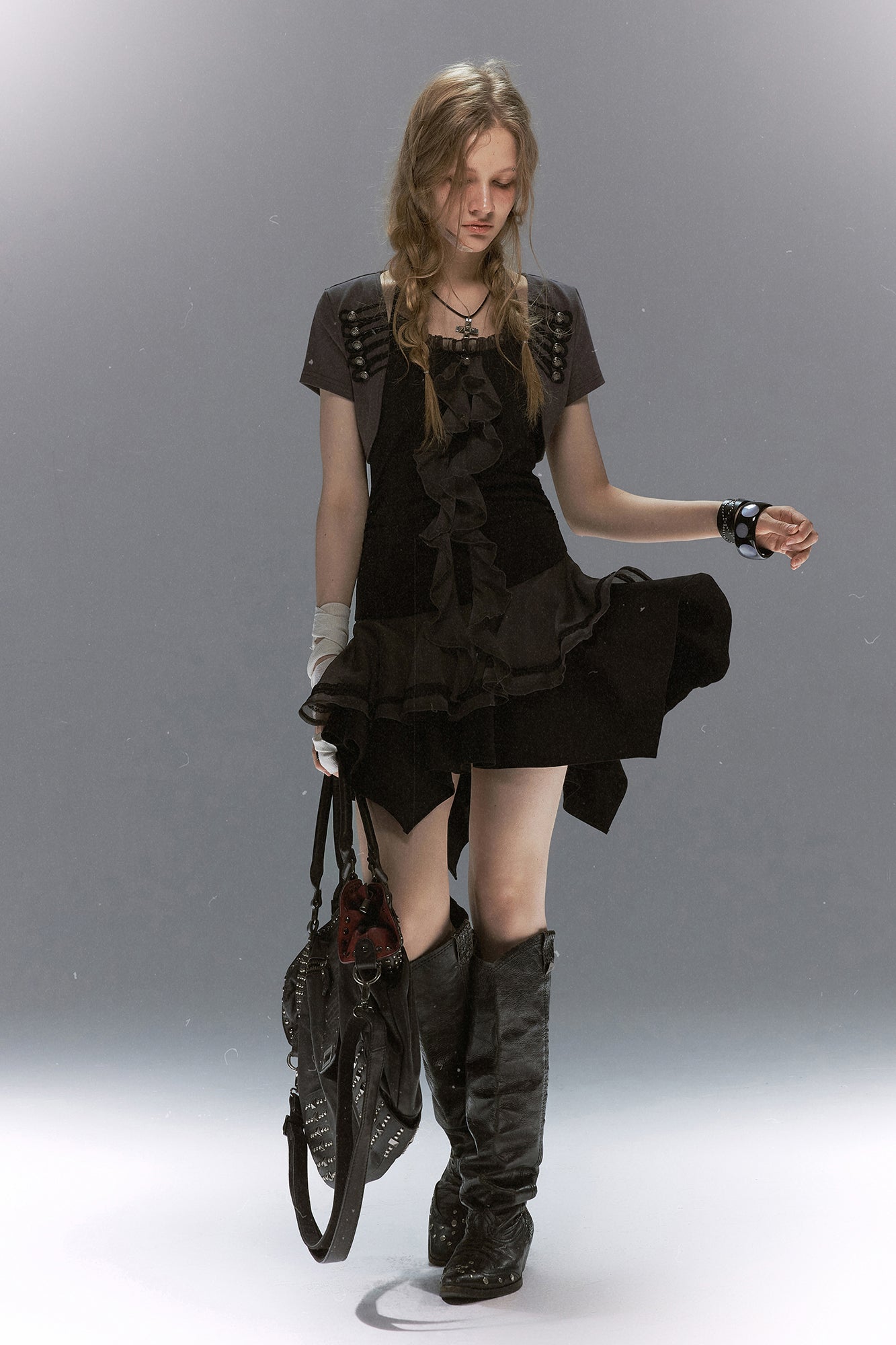 CESTNOUS Napoleon-Braid Layer Ruffle Mini Dress