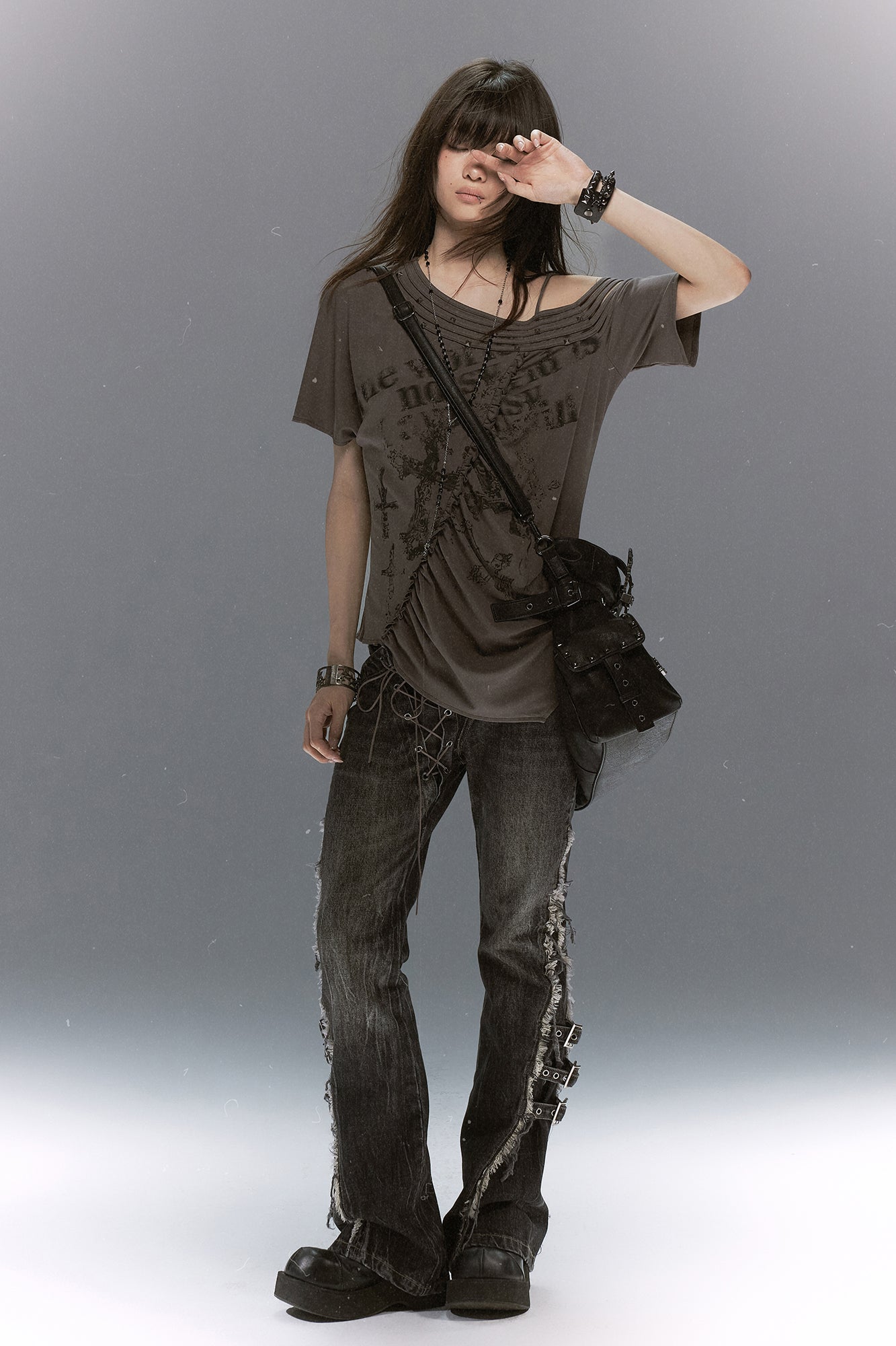 CESTNOUS Asymmetrical Studded Multi-Strap Graphic T-Shirt