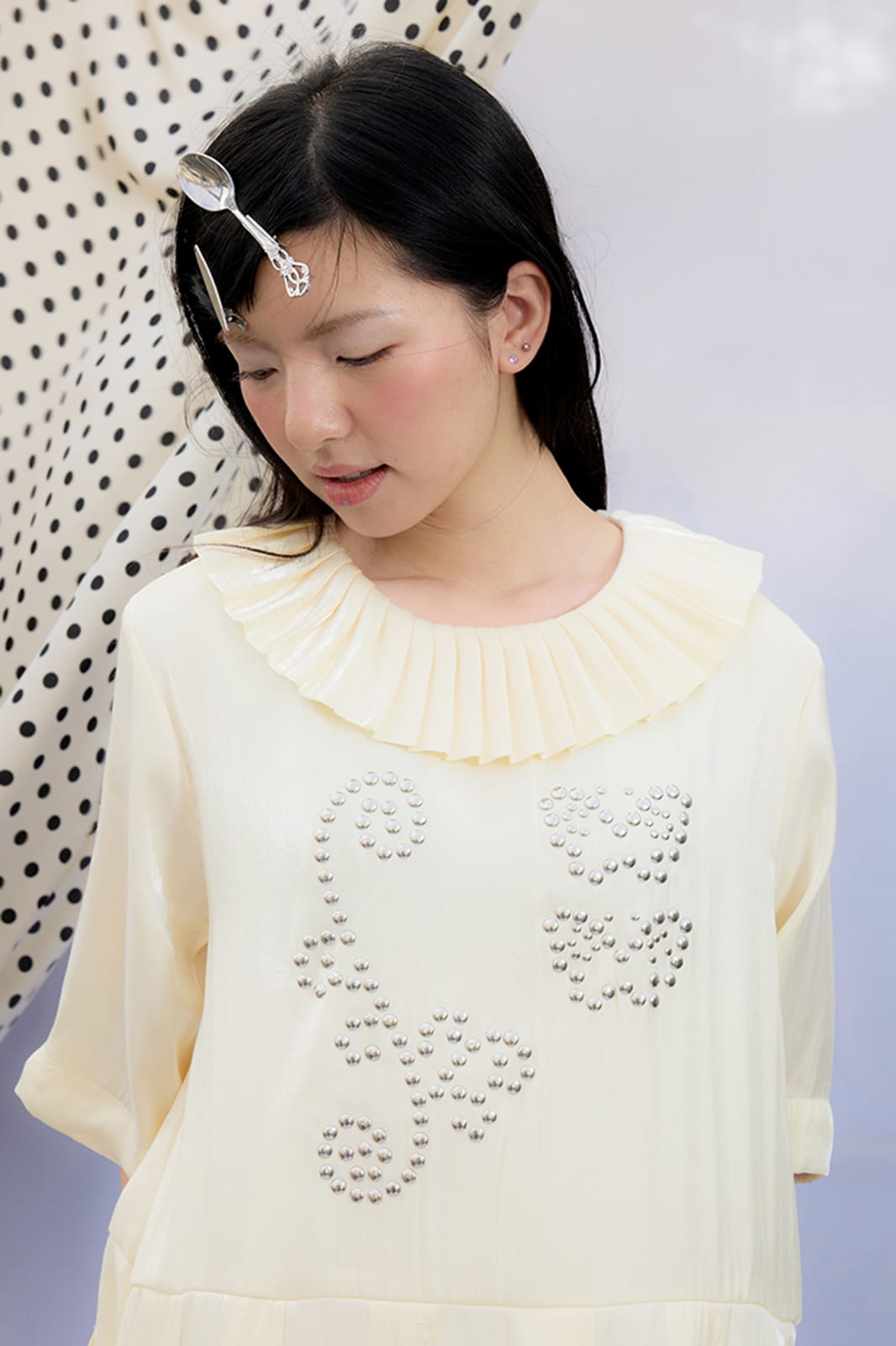 UNSOCIAL NIGHT Studded Graphic Pleated-Collar Shift Dress