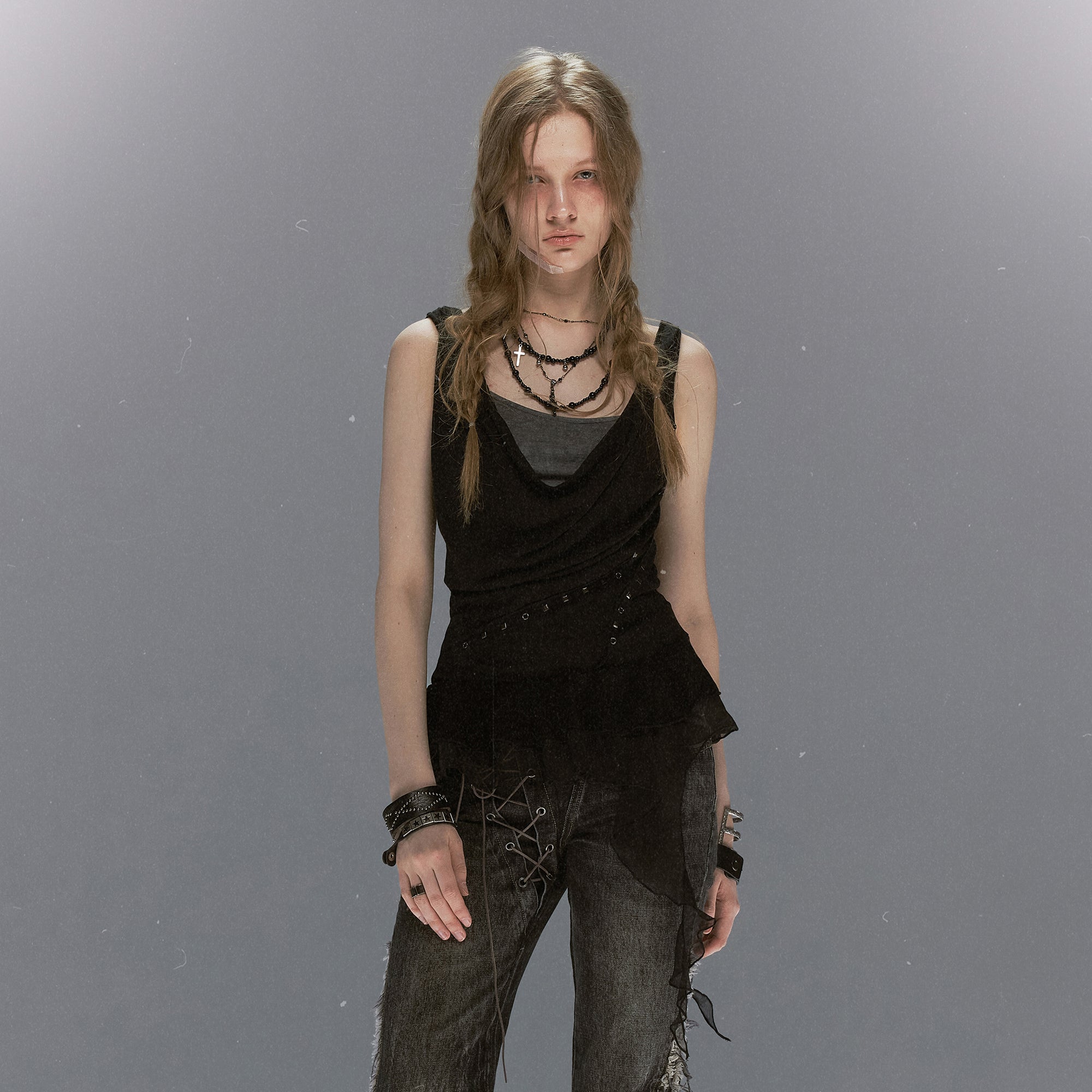 CESTNOUS Studded Lace-Up Back Ruffle-Hem Tank Top