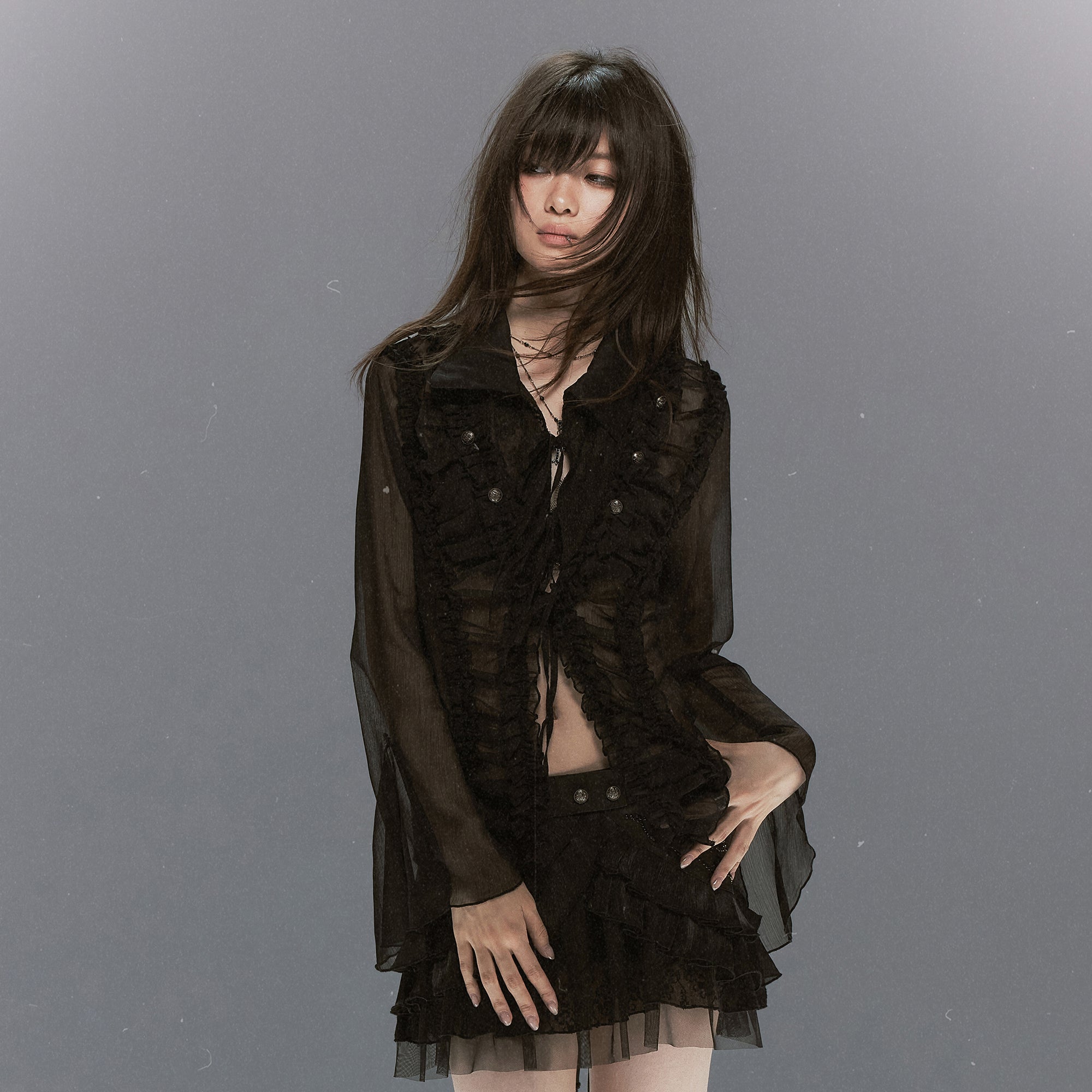 CESTNOUS Ruffle Lace-Panel Bell-Sleeve Shirt