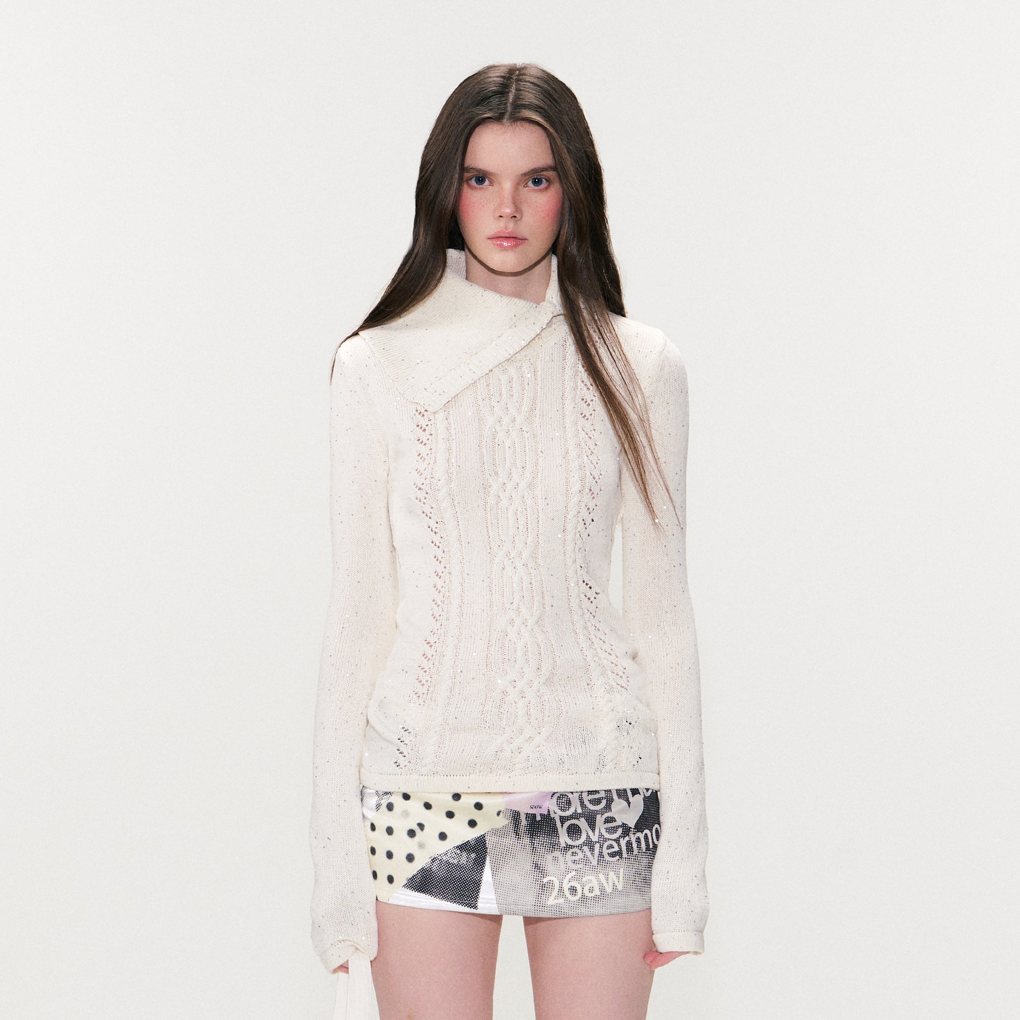 THE NEVERMORE Asym Collar Shimmer Cable-Knit Sweater